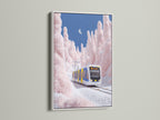 The winter train artwork is showcased in a clean white frame. A white frame offers a fresh and modern look. It complements the pink snow landscape beautifully. Ideal for minimalist or Scandinavian interior decor styles.