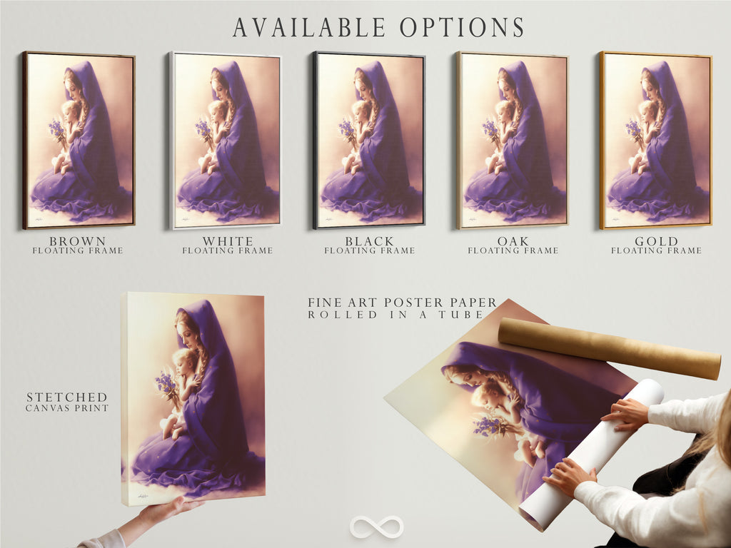 Explore available options for the Mother Child art print. Choose from stretched canvas fine art poster paper or a floating frame. Enhance your nursery decor with this spiritual Madonna and Baby artwork in purple.