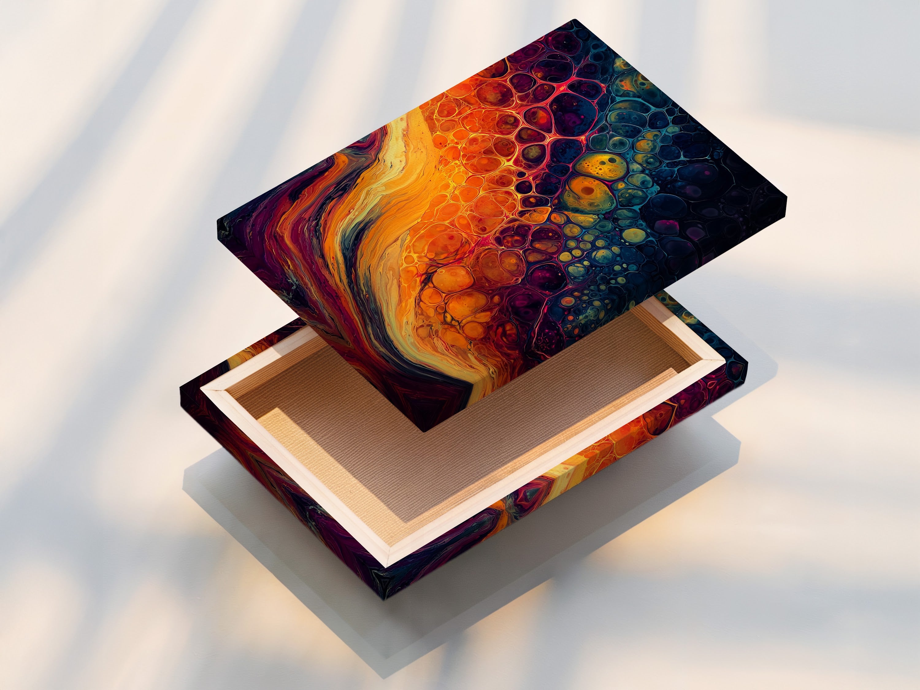 A stretched canvas print ready to hang. The canvas is tightly stretched for a smooth finish. The print quality is vibrant and detailed. See the texture and quality of our canvas. This stretched canvas is durable and long-lasting. It's ready to display.