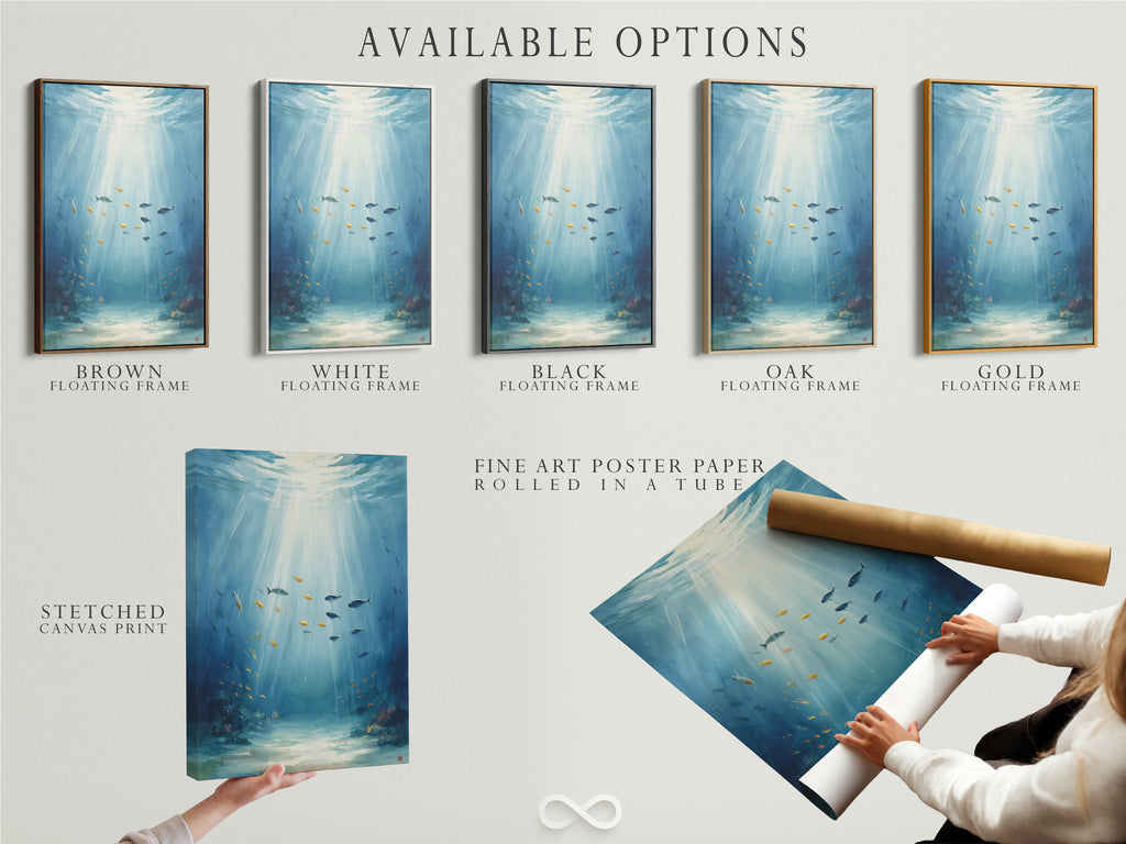 Available options: stretched canvas print fine art poster paper and floating frame. Choose the perfect format for your underwater artwork. Enhance your coastal decor with sea life art and aqua blue accents.