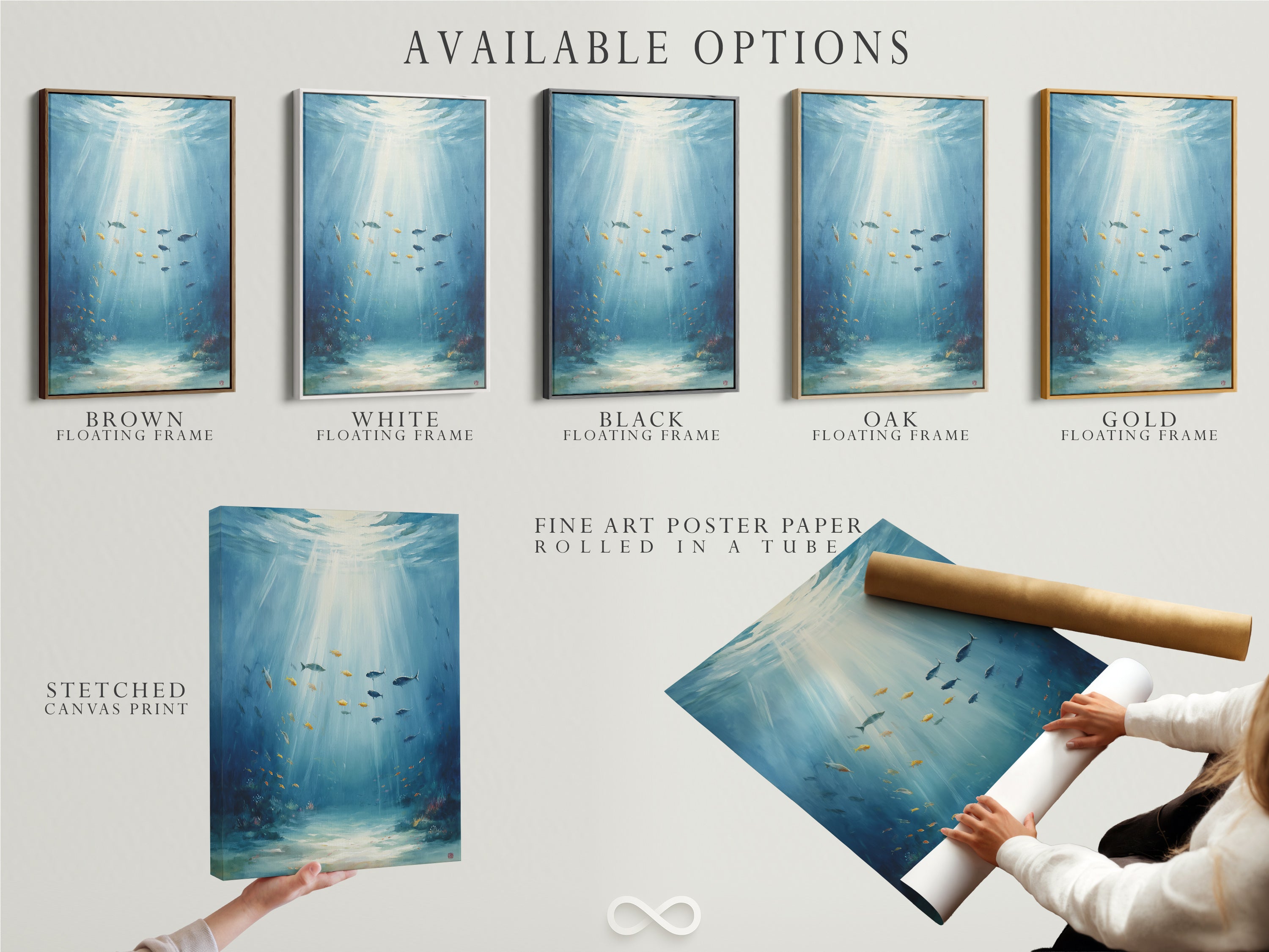 Available options: stretched canvas print fine art poster paper and floating frame. Choose the perfect format for your underwater artwork. Enhance your coastal decor with sea life art and aqua blue accents.