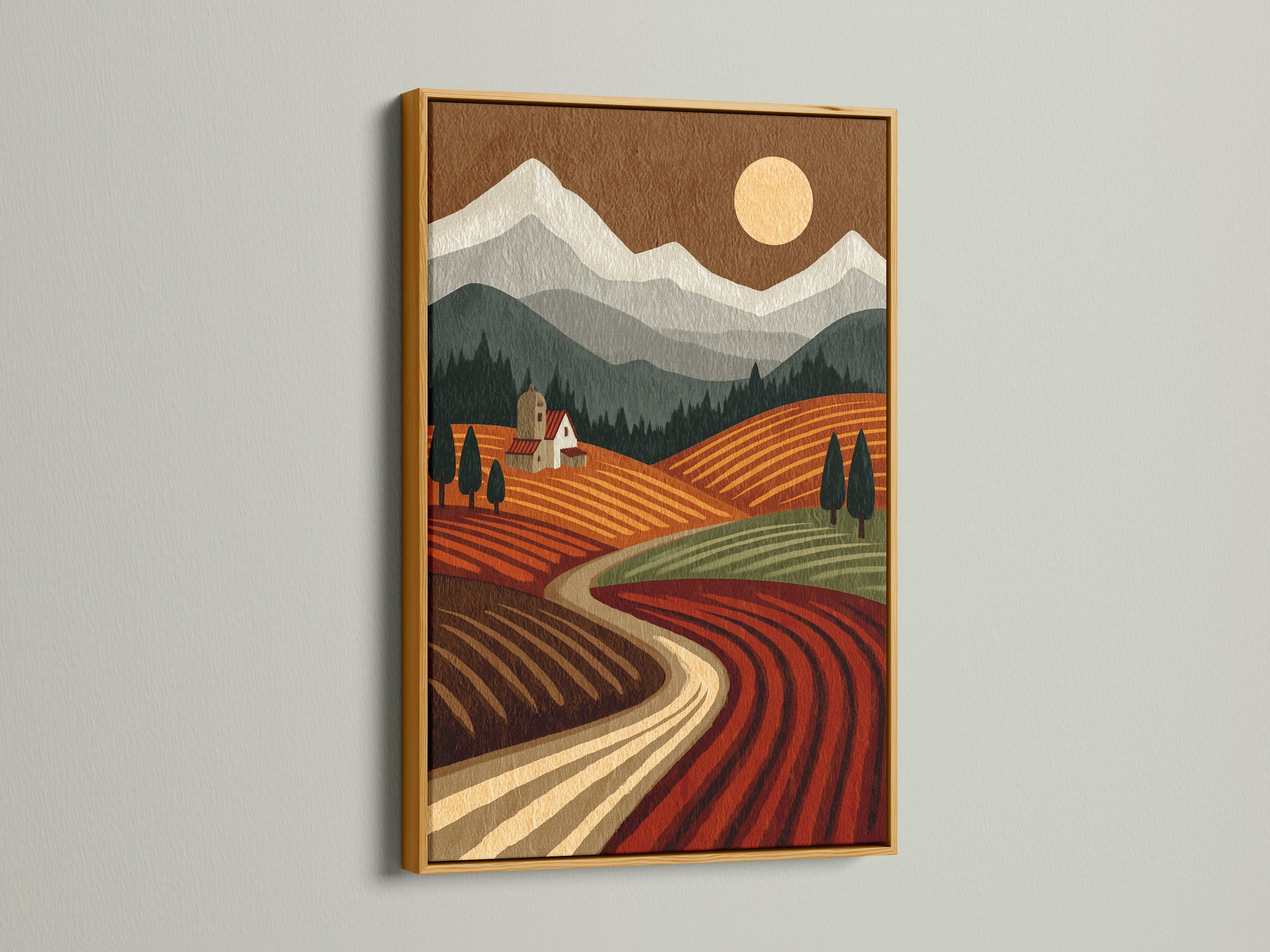 Tuscany Landscape artwork with a gold frame. A sophisticated choice for business owners and interior decorators. The primary color brown grounds the piece. Its secondary color beige adds warmth to your home.