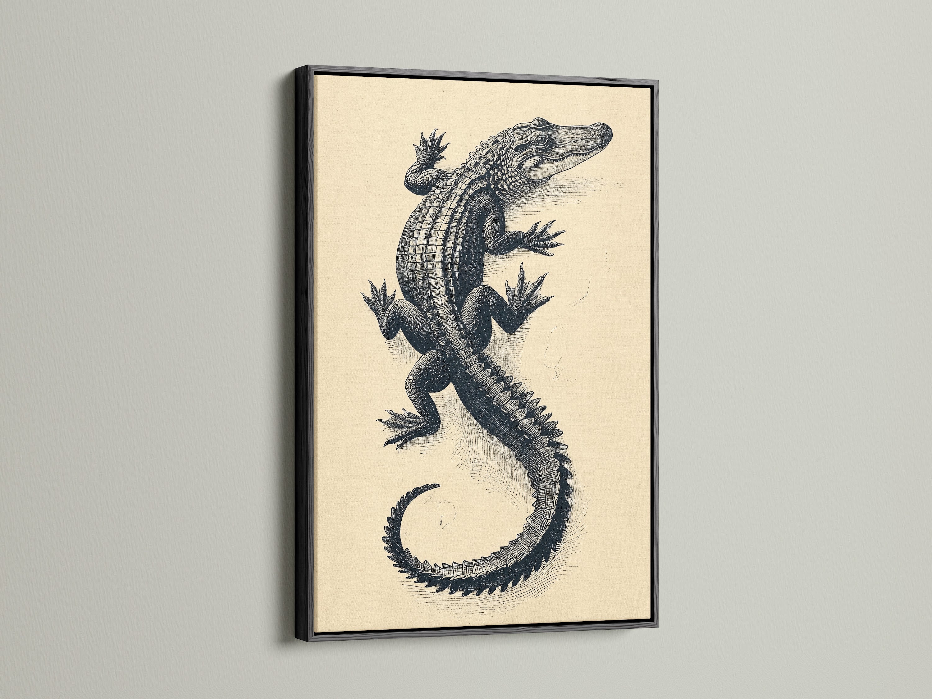 Vintage Alligator Art Print in a sleek black frame. This reptile wall art adds a touch of antique elegance to any space. The crocodile print is perfect for study rooms or eclectic decor. Enhance your home with this natural history canvas art featuring a striking vintage reptile illustration.