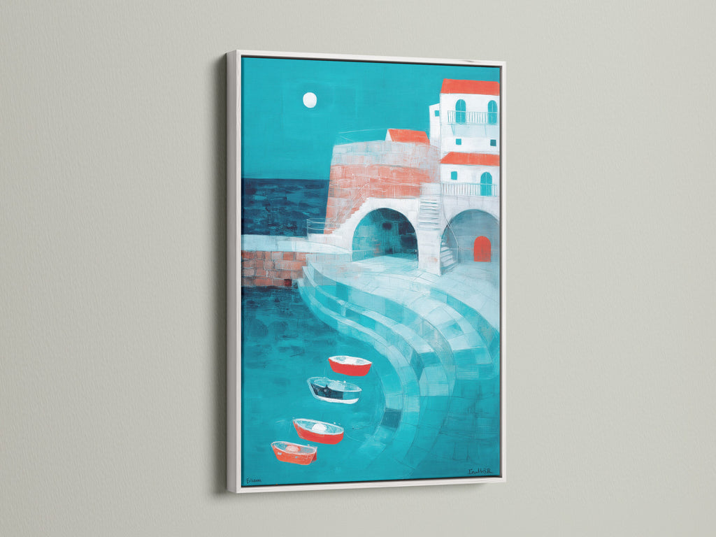 This coastal art is presented in a clean white frame. The contrast highlights the turquoise and red tones of the village scene. The white frame offers a modern and fresh look. It brings out the vibrant colors of the seascape. See how a white frame can brighten your living space.