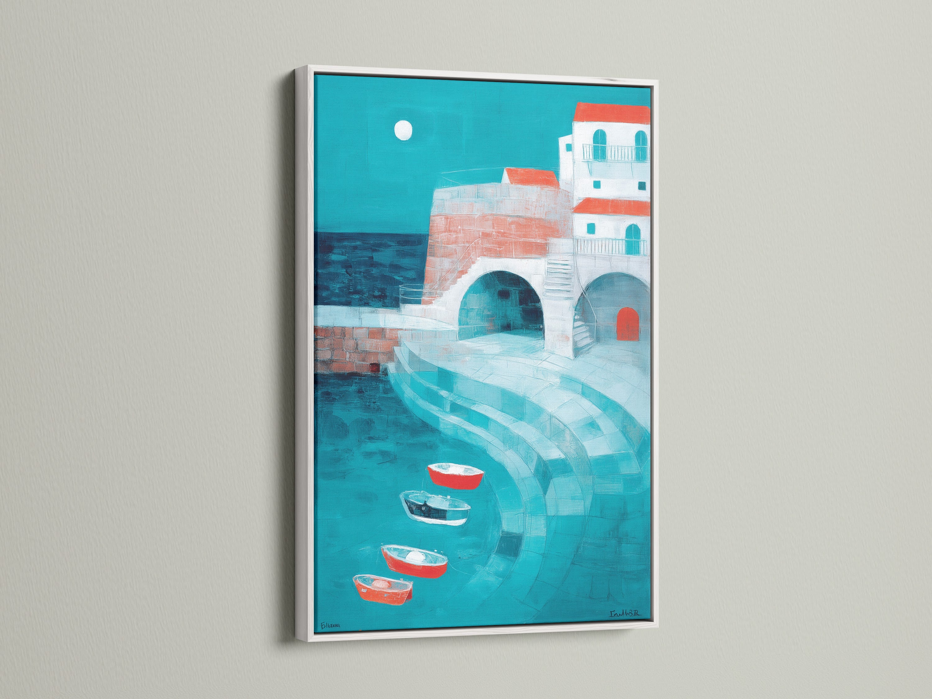 This coastal art is presented in a clean white frame. The contrast highlights the turquoise and red tones of the village scene. The white frame offers a modern and fresh look. It brings out the vibrant colors of the seascape. See how a white frame can brighten your living space.