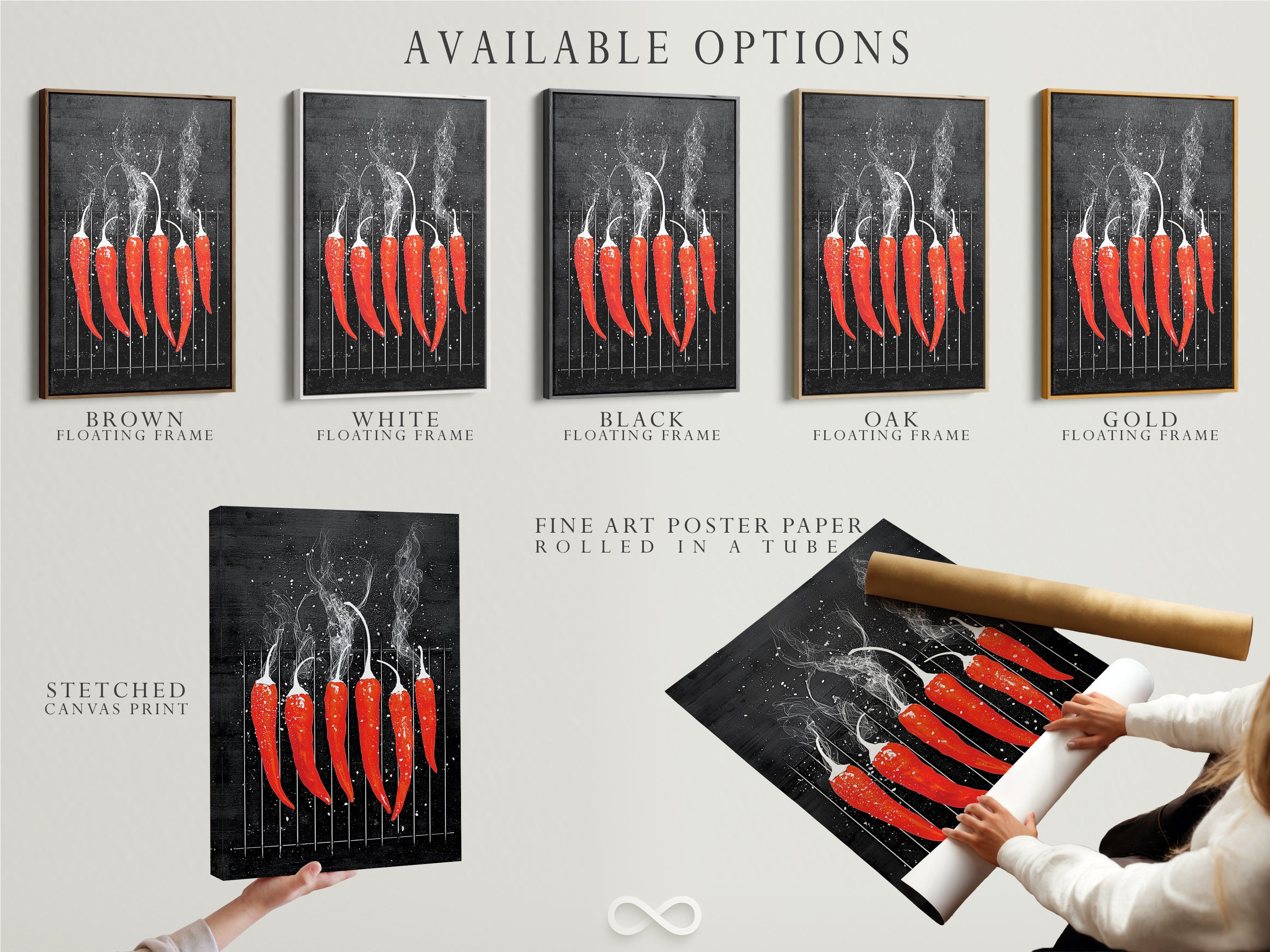 Available options for the red hot chili pepper artwork are showcased. Choose from a stretched canvas print fine art poster paper or floating frame. Perfect for modern kitchen art or restaurant decor. Find the perfect fit for your space.