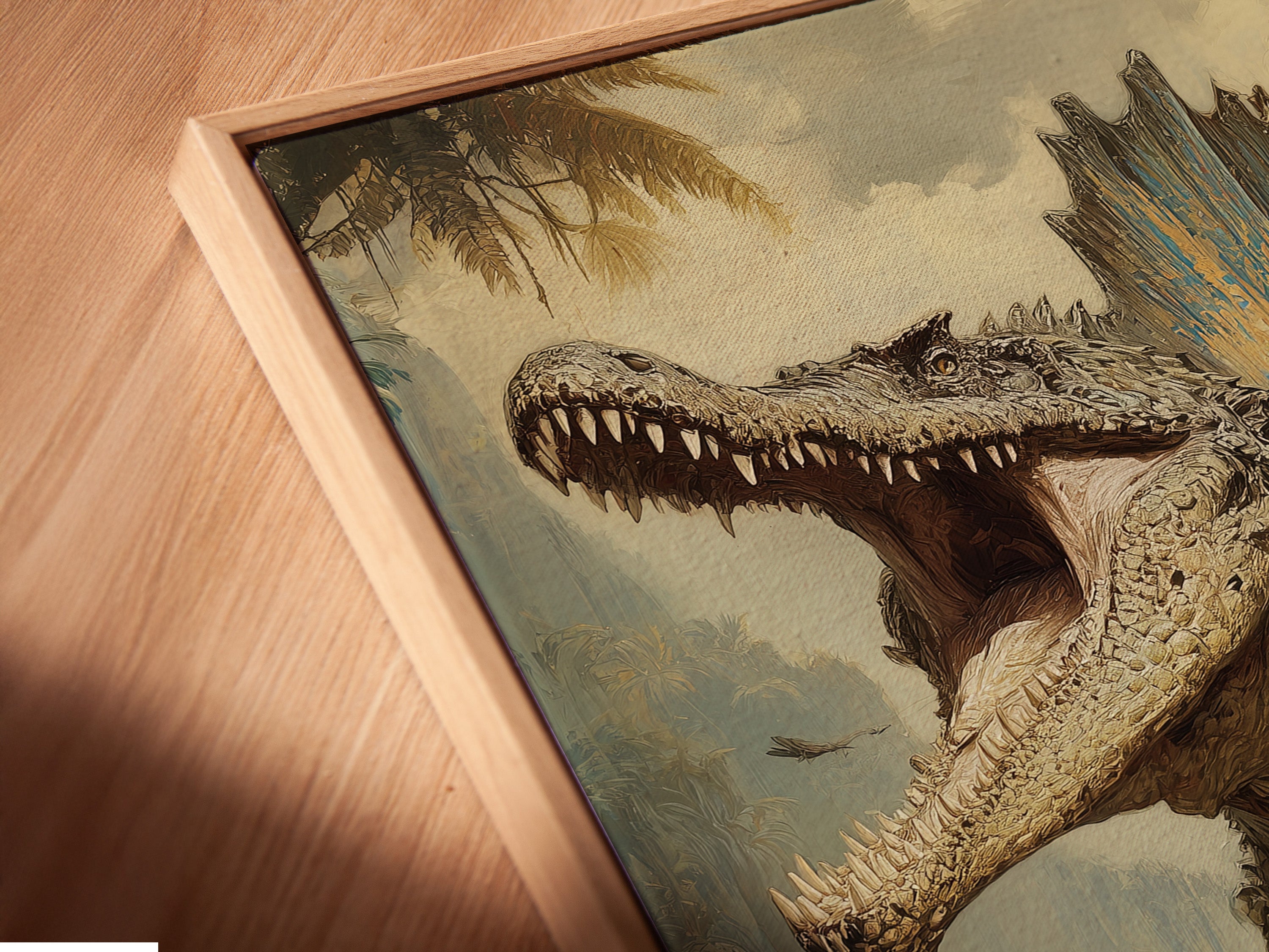 Close-up of a canvas print in a floating frame. The artwork features a large dinosaur roaring in a prehistoric landscape. The floating frame gives the illusion that the canvas is floating. This adds a modern sophisticated touch. Enhance your space with this elegant piece.