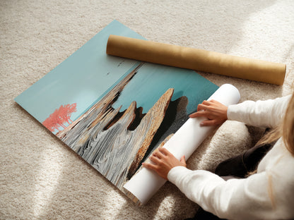 The image shows a woman carefully rolling a fine art poster paper. The paper likely features a coastal seascape artwork. This highlights the care and quality of the fine art printing process. Ideal for those who appreciate serene minimalist artwork. Perfect for decorating your home or office.