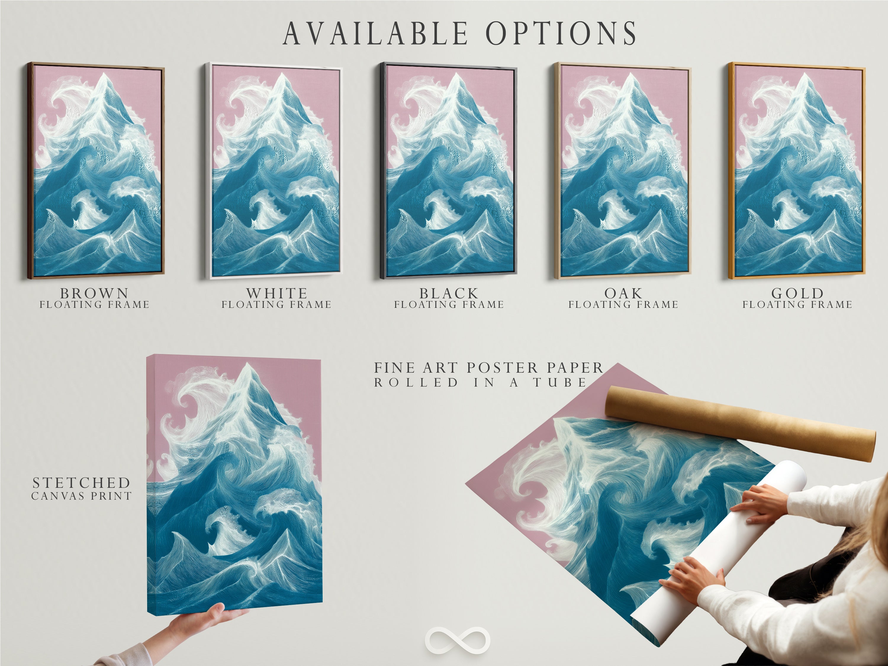 Available options include a stretched canvas print fine art poster paper and floating frame. Customize your artwork to perfectly match your style and decor. Elevate your space with stunning ocean wave art.