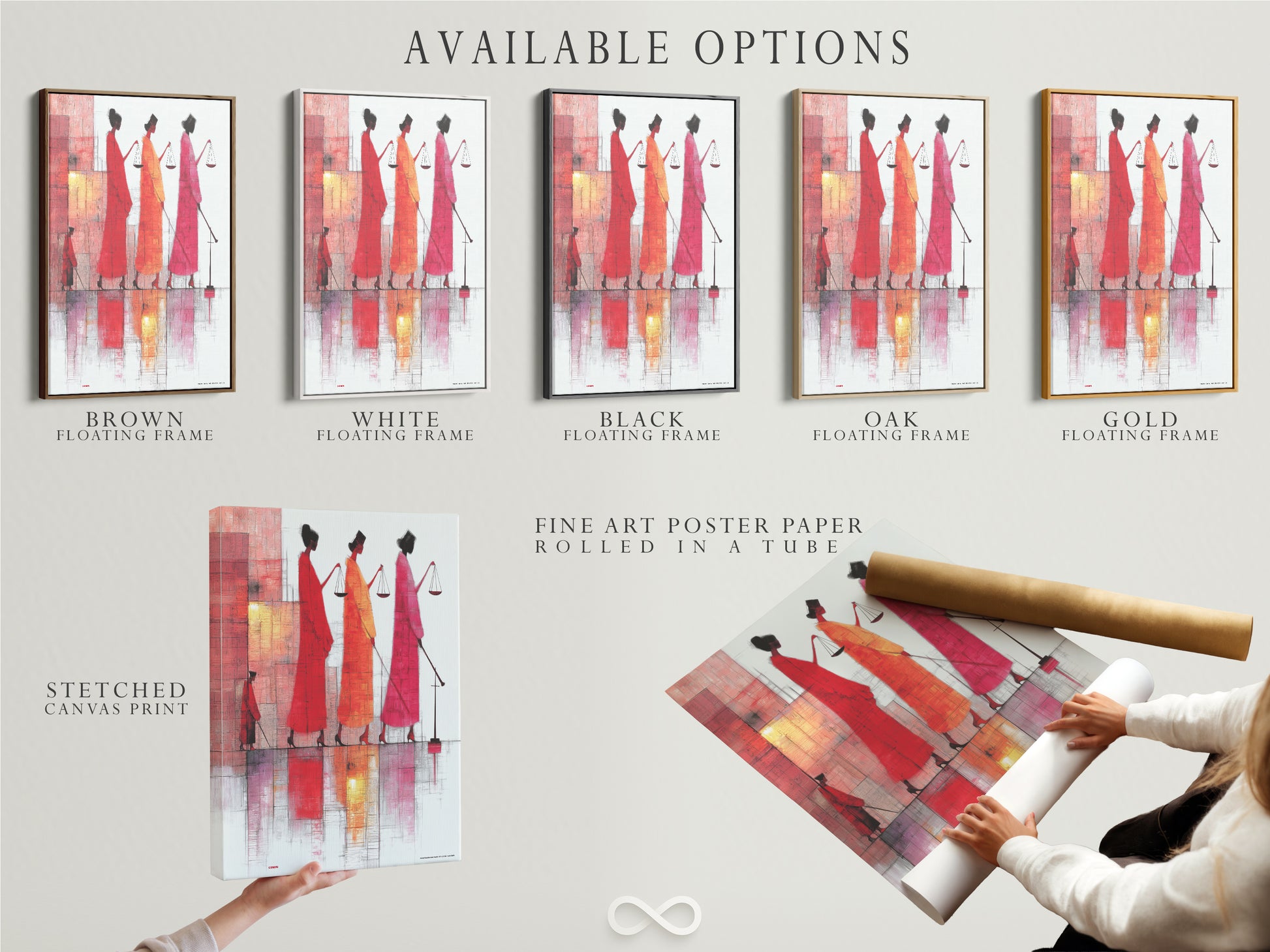 Available options for the Justice Scales artwork. Choose from a stretched canvas print a fine art poster paper or a floating frame. Customize your art to perfectly match your decor style. Find the perfect piece today.