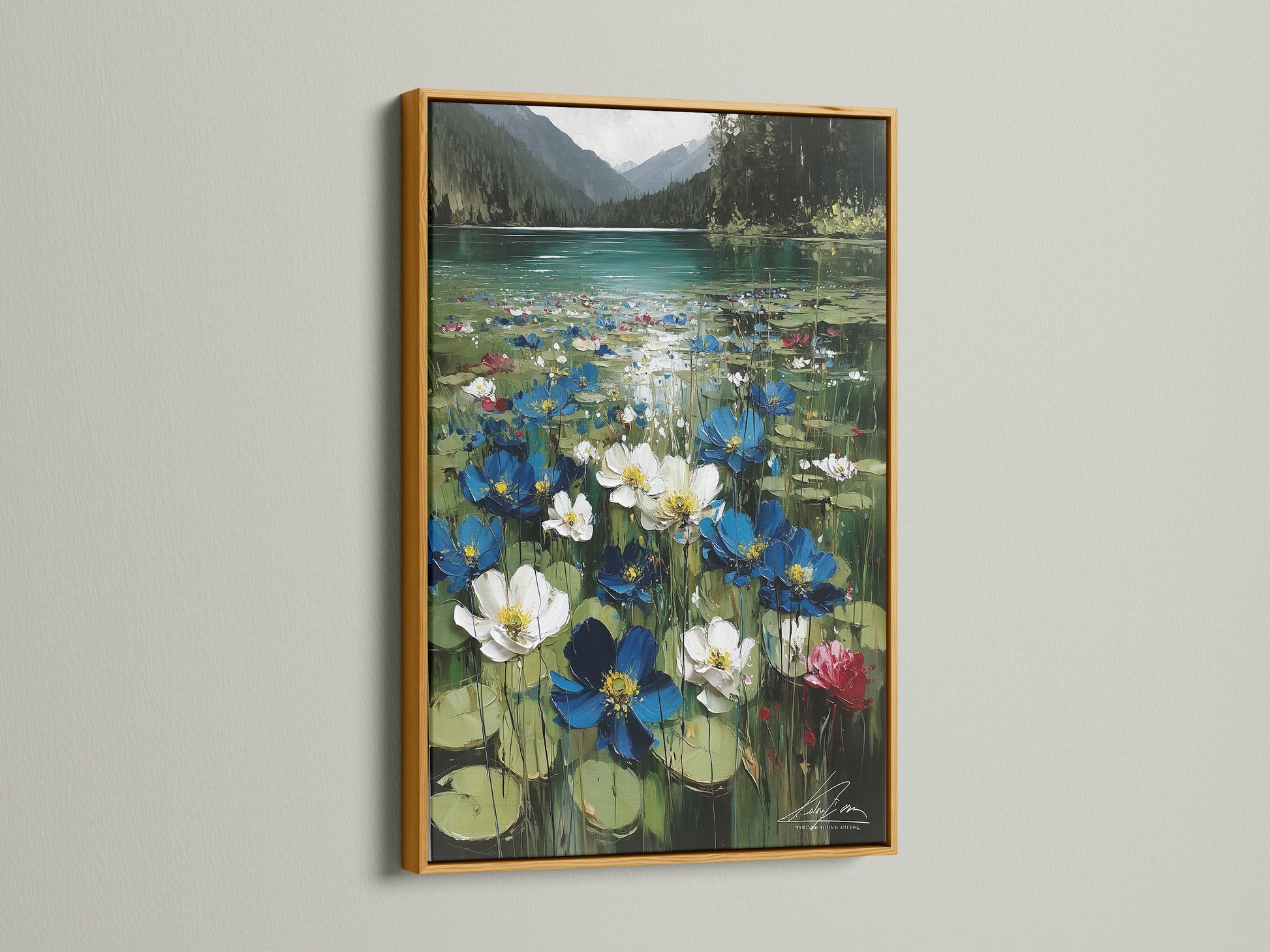 Floral Lake canvas artwork with a gold frame. A gold frame adds a touch of elegance. It complements the lily pad print. The gold frame enhances the tranquil art. Perfect for refined decor.