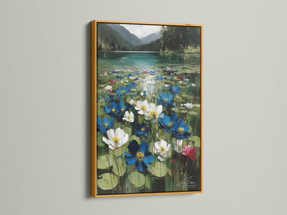 Floral Lake canvas artwork with a gold frame. A gold frame adds a touch of elegance. It complements the lily pad print. The gold frame enhances the tranquil art. Perfect for refined decor.