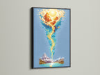 The fire water element art is displayed in a sleek black frame. The contrast enhances the blue orange art. This abstract nature art is ideal for modern spaces. Add a touch of zen to your meditation room with this artwork.