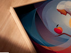 Close up angled view of a canvas print in a floating frame. The artwork features a woman holding a red apple. The floating frame gives a modern touch. It separates the art from the wall.