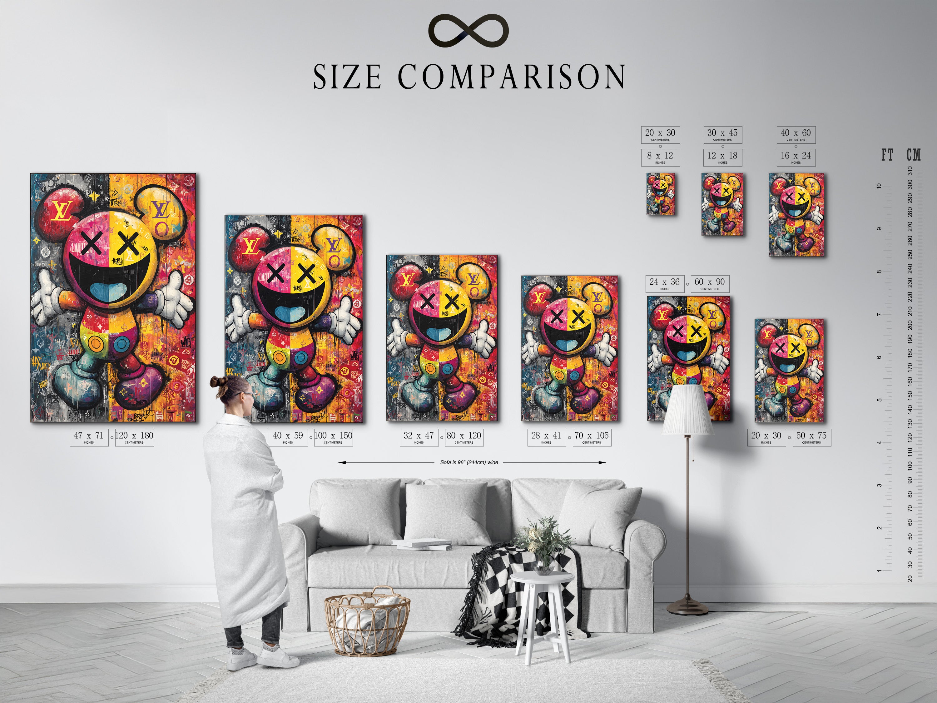 A size comparison chart is displayed in an interior setting. See how different sizes of this pop art Mickey artwork fit in your space. Choose the perfect size for your living room office or studio. Find the ideal fit for your unique wall decor needs.