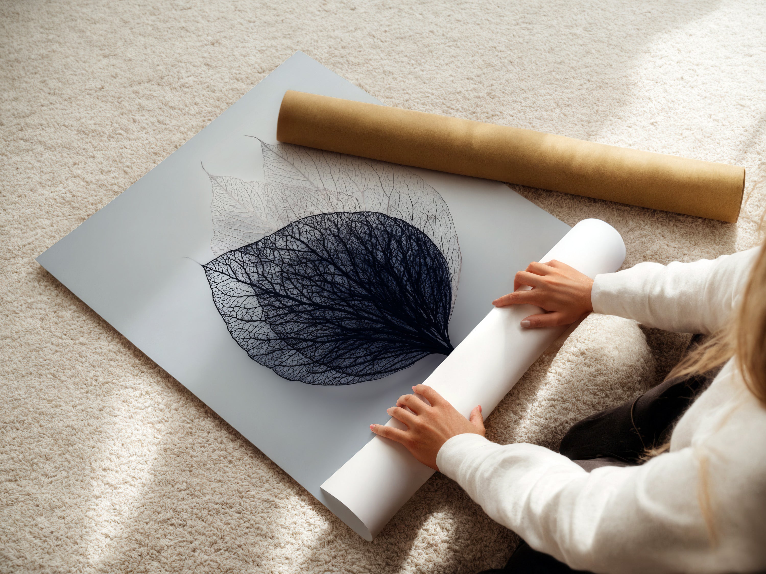 A woman is carefully rolling a fine art poster paper. She ensures the paper is smooth and free of wrinkles. This demonstrates the care taken in preparing fine art prints. Our fine art posters are printed on high-quality paper. The rolling process protects the artwork during shipment. Enjoy the beauty and quality of our fine art posters.