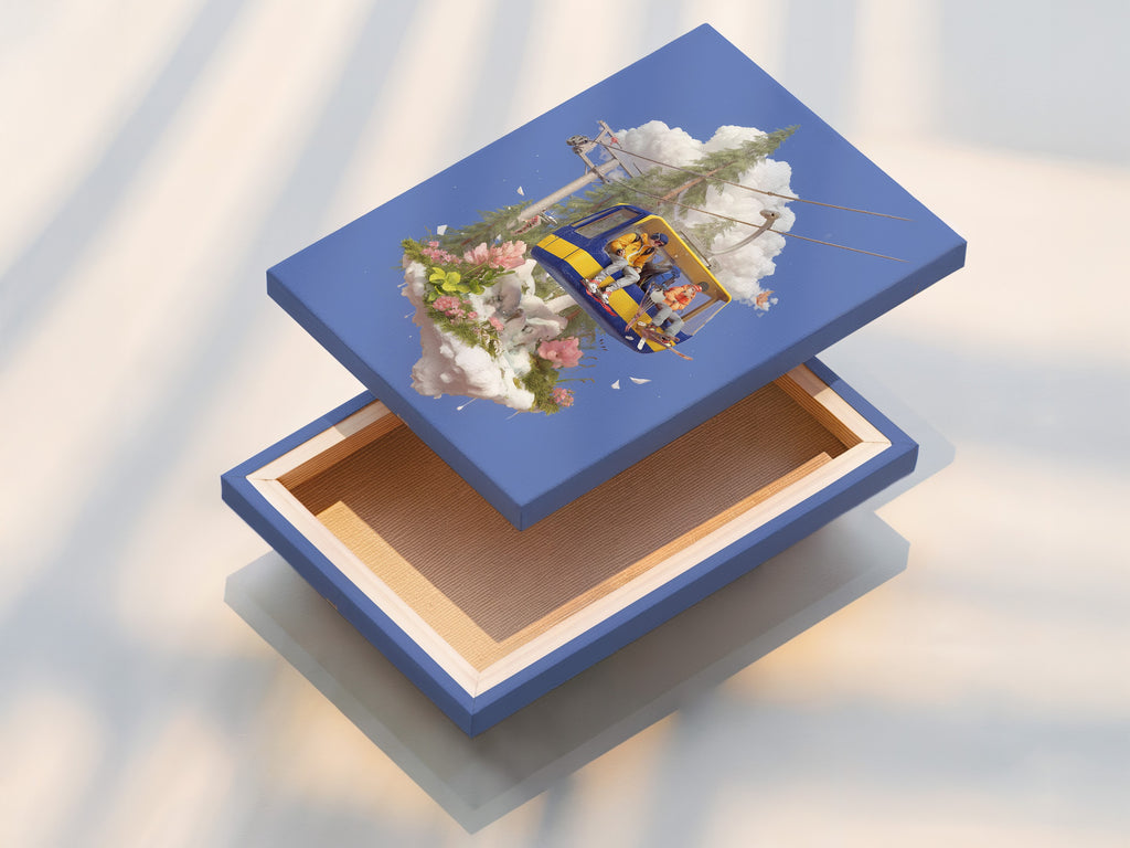 This image shows a stretched canvas print of the Ski Lift Adventure artwork. The alpine mountain wall decor brings the adventure to life. Perfect for kids room decor or playroom wall art. This skiing print is ideal for winter sports art enthusiasts.