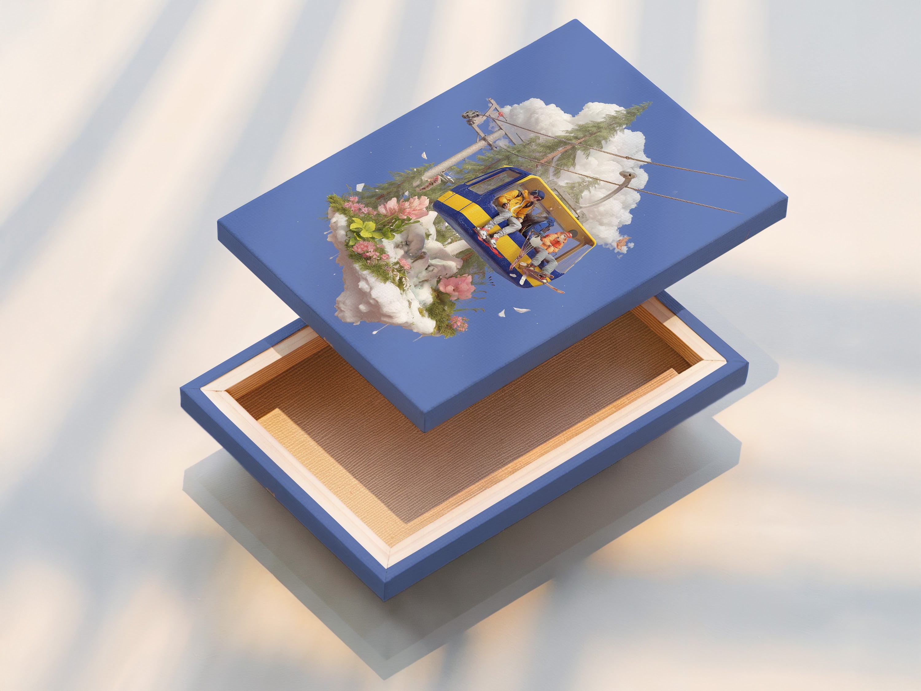 This image shows a stretched canvas print of the Ski Lift Adventure artwork. The alpine mountain wall decor brings the adventure to life. Perfect for kids room decor or playroom wall art. This skiing print is ideal for winter sports art enthusiasts.