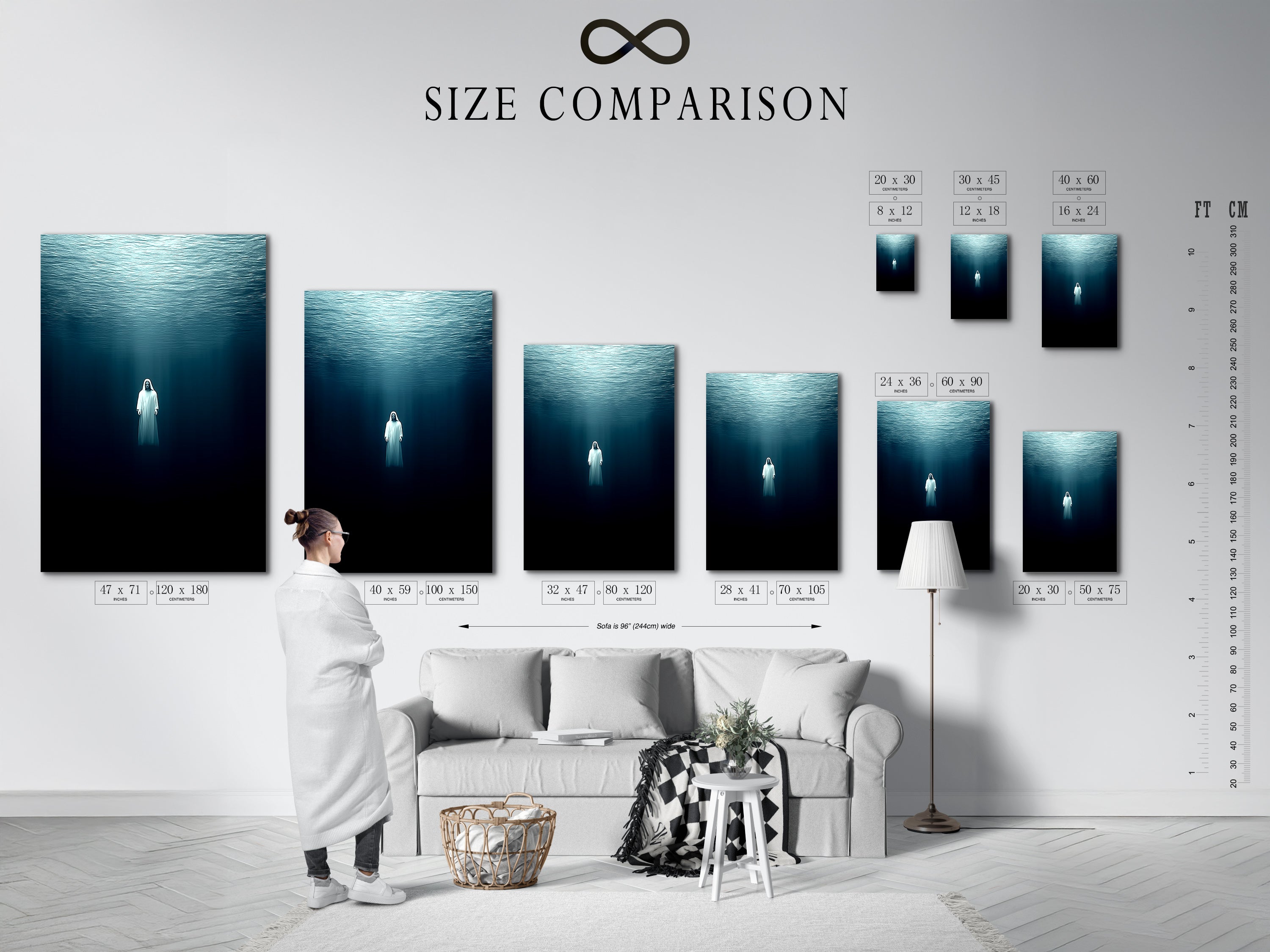 This size comparison chart is displayed in an interior setting. It shows various sizes available for the underwater figure artwork. Choose the perfect size for your space. The chart helps visualize how the art will fit. Select the ideal piece for your modern home decor.