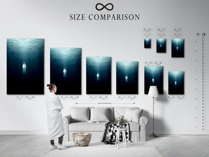 This size comparison chart is displayed in an interior setting. It shows various sizes available for the underwater figure artwork. Choose the perfect size for your space. The chart helps visualize how the art will fit. Select the ideal piece for your modern home decor.