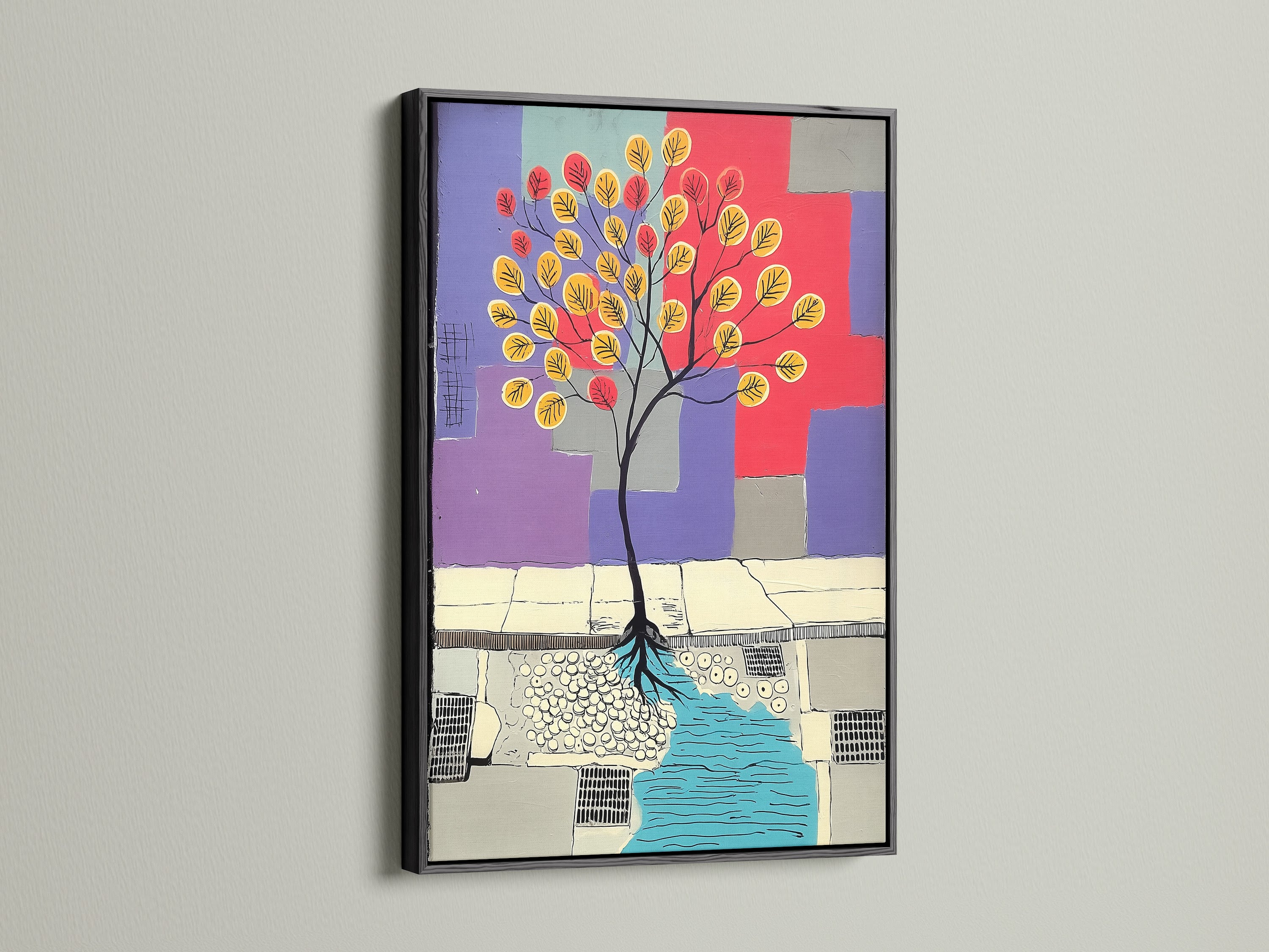 Abstract Tree canvas print in a black frame. The black frame makes the colors pop. This modern artwork is perfect for executive suites and creative agencies. The geometric tree art features vibrant colors. The perfect contemporary art for any space.