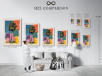 A size comparison chart is displayed in an interior setting. The chart showcases various artwork sizes. It helps you visualize how different sizes will look in your space. Find the perfect size for your artwork needs.