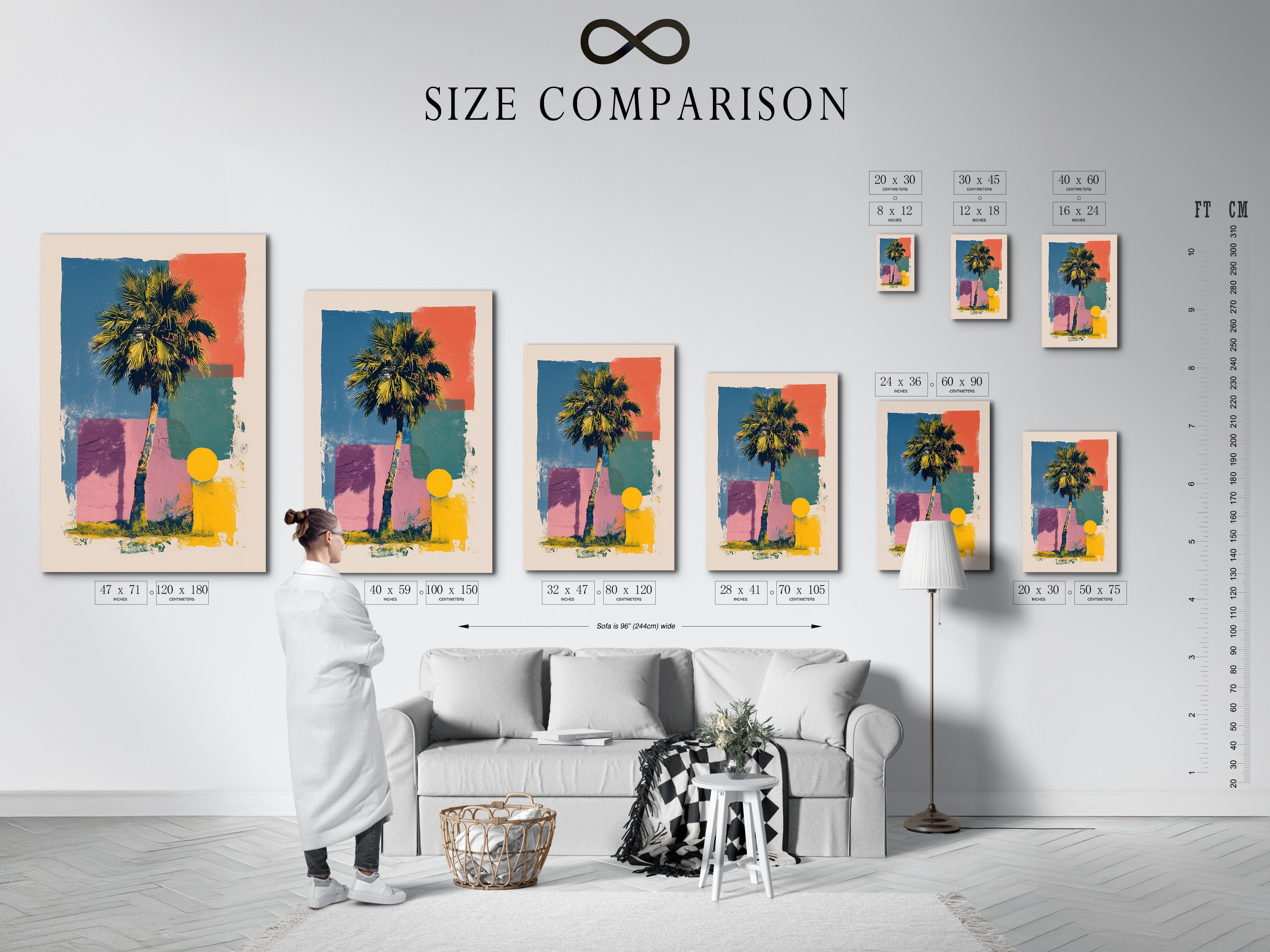 A size comparison chart is displayed in an interior setting. The chart showcases various artwork sizes. It helps you visualize how different sizes will look in your space. Find the perfect size for your artwork needs.