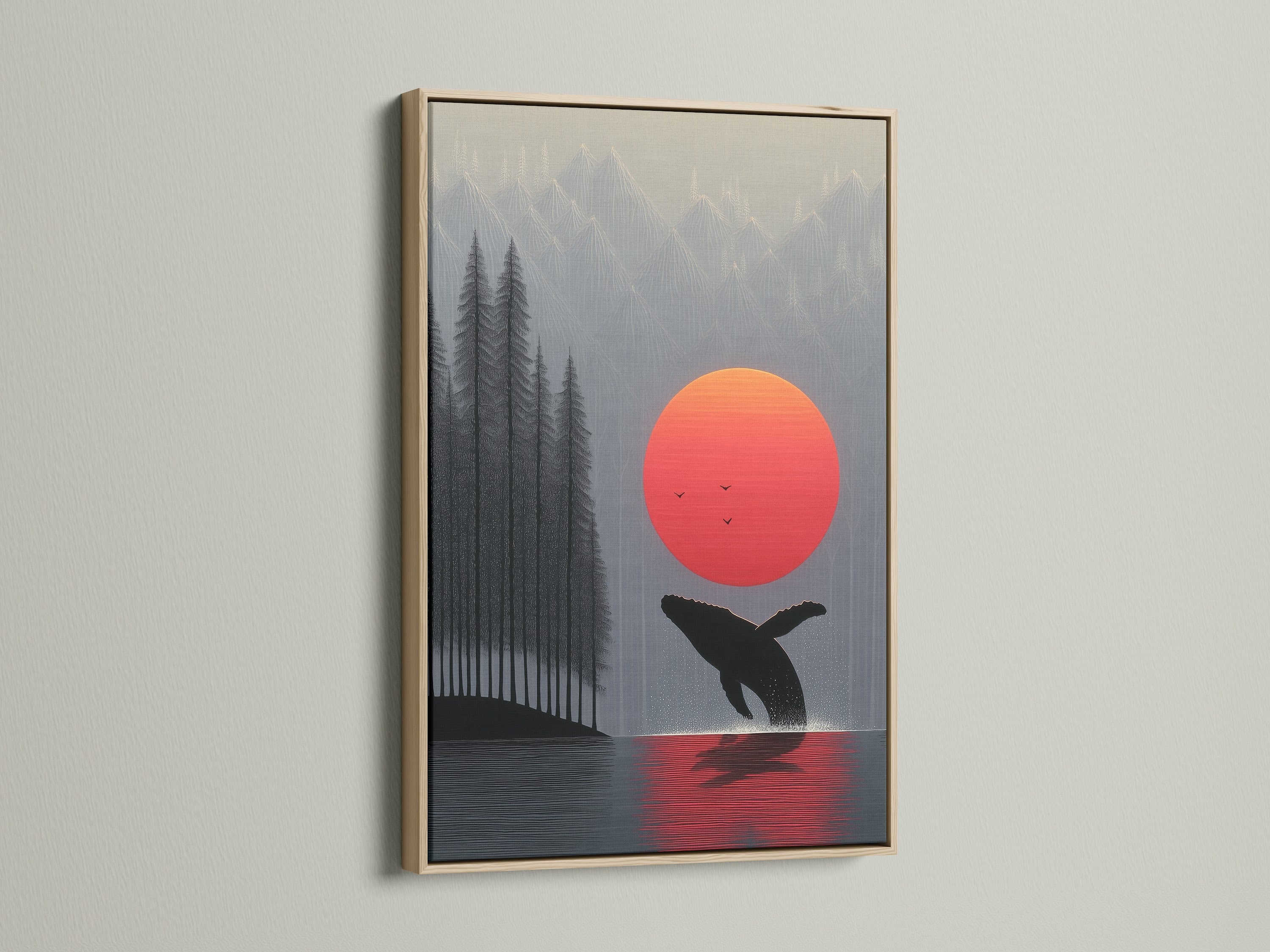 Whale Sunset artwork with an oak frame. The ocean canvas brings coastal nature into your home. This minimalist art enhances bedroom decor. Discover sea art for your walls. Perfect nautical decor for relaxation spaces.