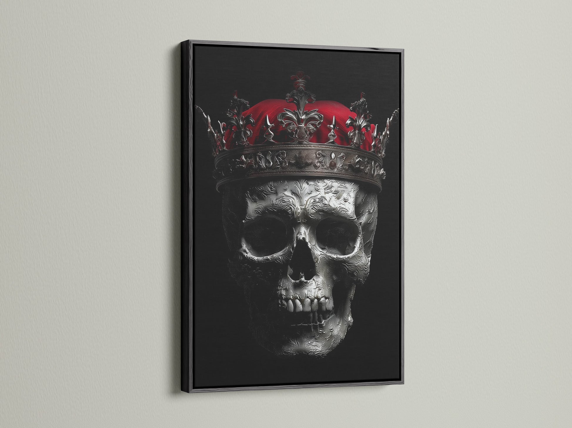 Black frame highlighting the skull king canvas print. The gothic crown and dark macabre style make it a unique piece of wall art. This art complements gothic industrial minimalist or eclectic styles. Perfect for living rooms offices and more.