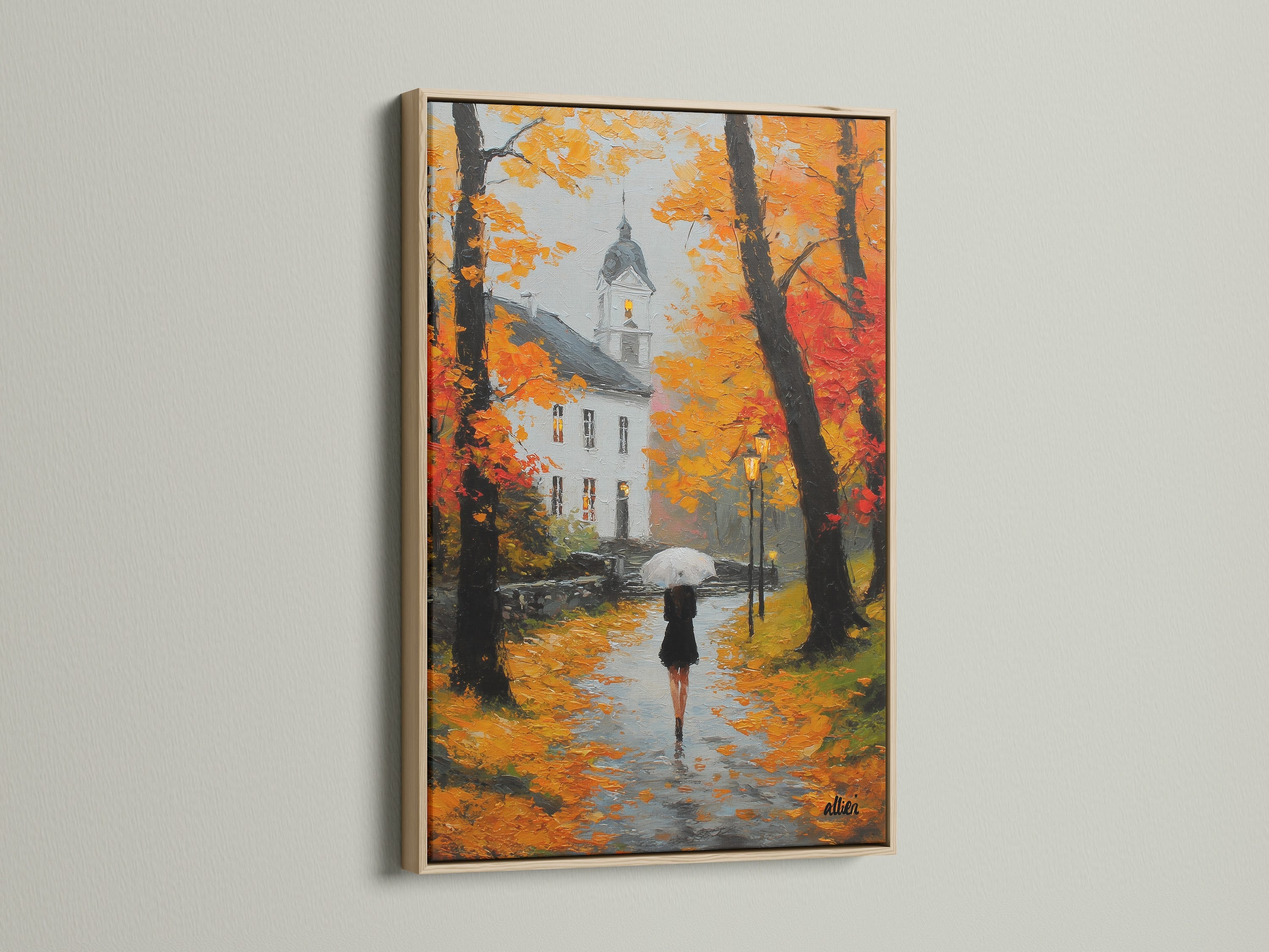 Artwork displayed in an oak frame. The natural wood complements the art. The frame provides a classic look. Perfect for any room in your home. The oak frame adds warmth. It makes the artwork pop.