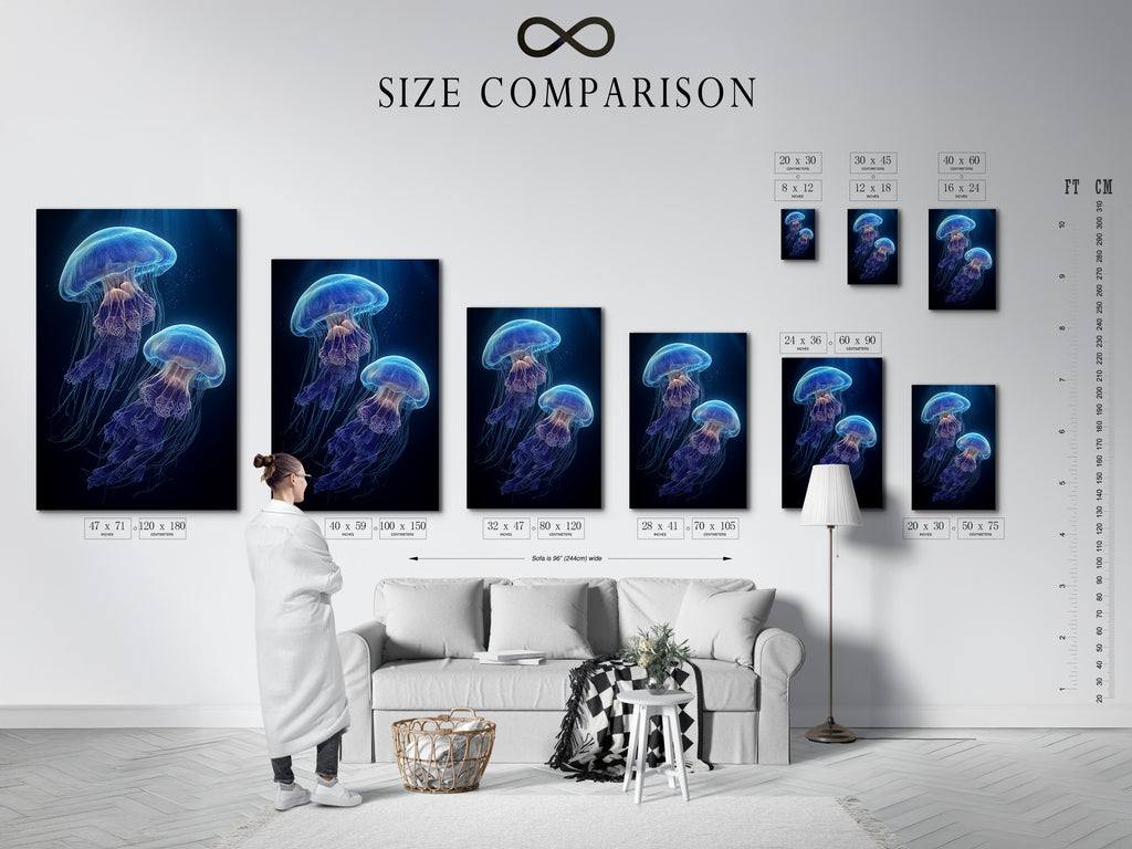 Size comparison chart displayed in an interior. This helps you visualize the artwork's scale. Choose the perfect size for your space. See how different sizes transform a room. Make informed decisions with our size chart.