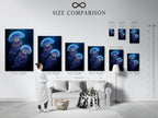 Size comparison chart displayed in an interior. This helps you visualize the artwork's scale. Choose the perfect size for your space. See how different sizes transform a room. Make informed decisions with our size chart.