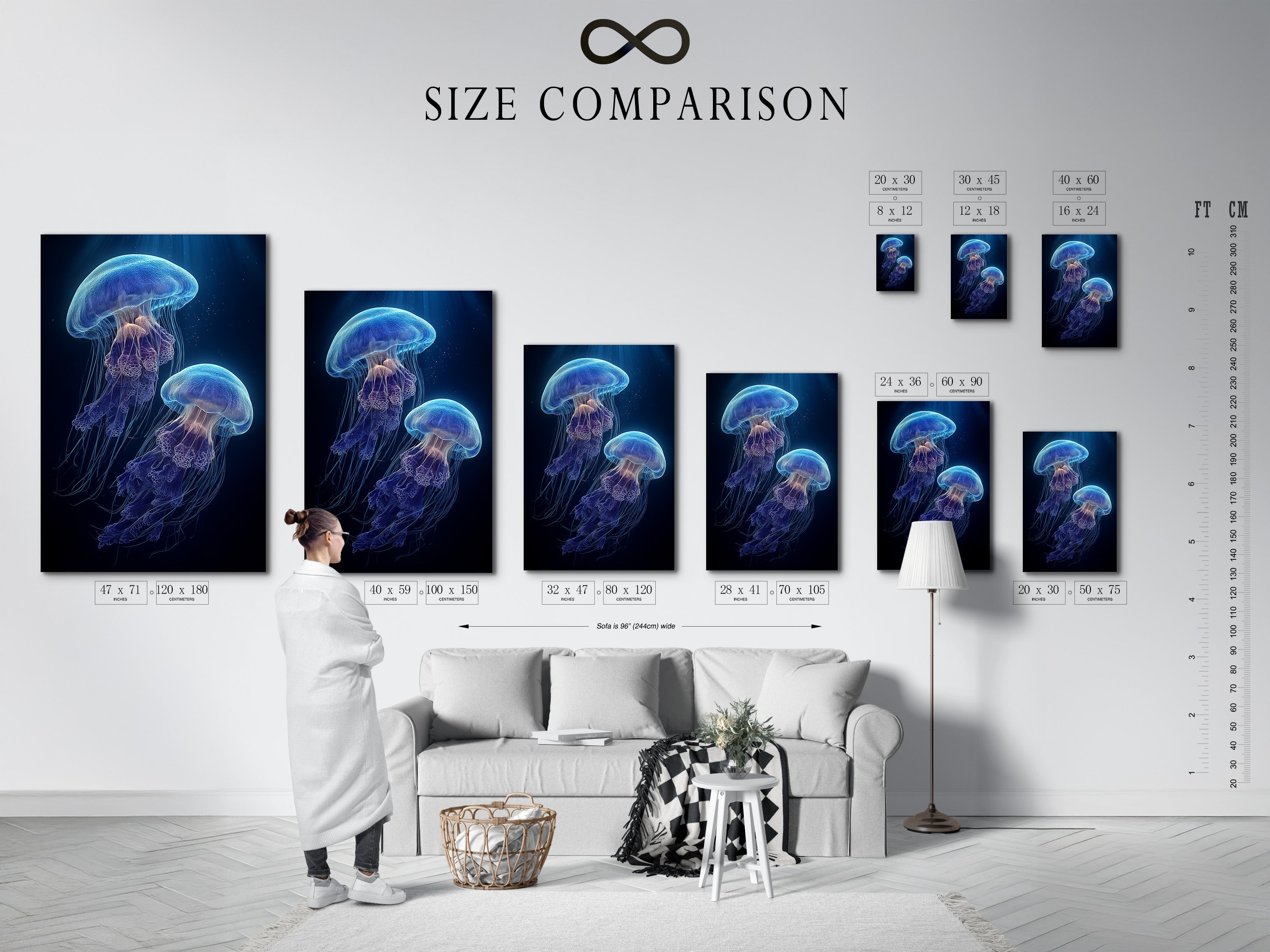 Size comparison chart displayed in an interior. This helps you visualize the artwork's scale. Choose the perfect size for your space. See how different sizes transform a room. Make informed decisions with our size chart.