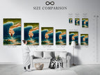 A size comparison chart is displayed in an interior. Showing Ocean Wave Art Biblical Moses Parting Sea canvas sizes. Find the perfect fit for your religious coastal decor. Suits minimalist Scandinavian or eclectic styles. Perfect for living rooms bedrooms or offices. The wave art print is a good choice.