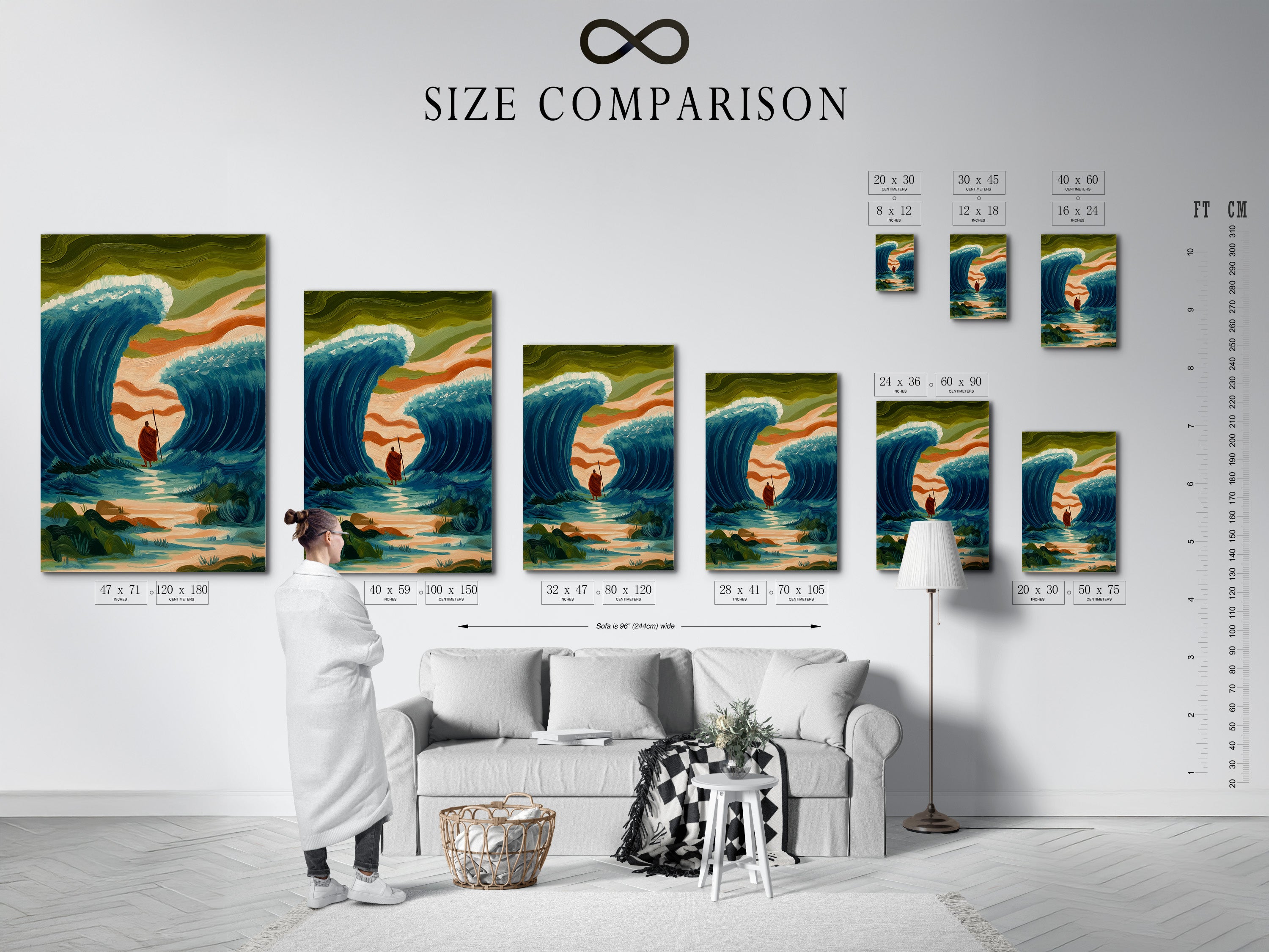 A size comparison chart is displayed in an interior. Showing Ocean Wave Art Biblical Moses Parting Sea canvas sizes. Find the perfect fit for your religious coastal decor. Suits minimalist Scandinavian or eclectic styles. Perfect for living rooms bedrooms or offices. The wave art print is a good choice.