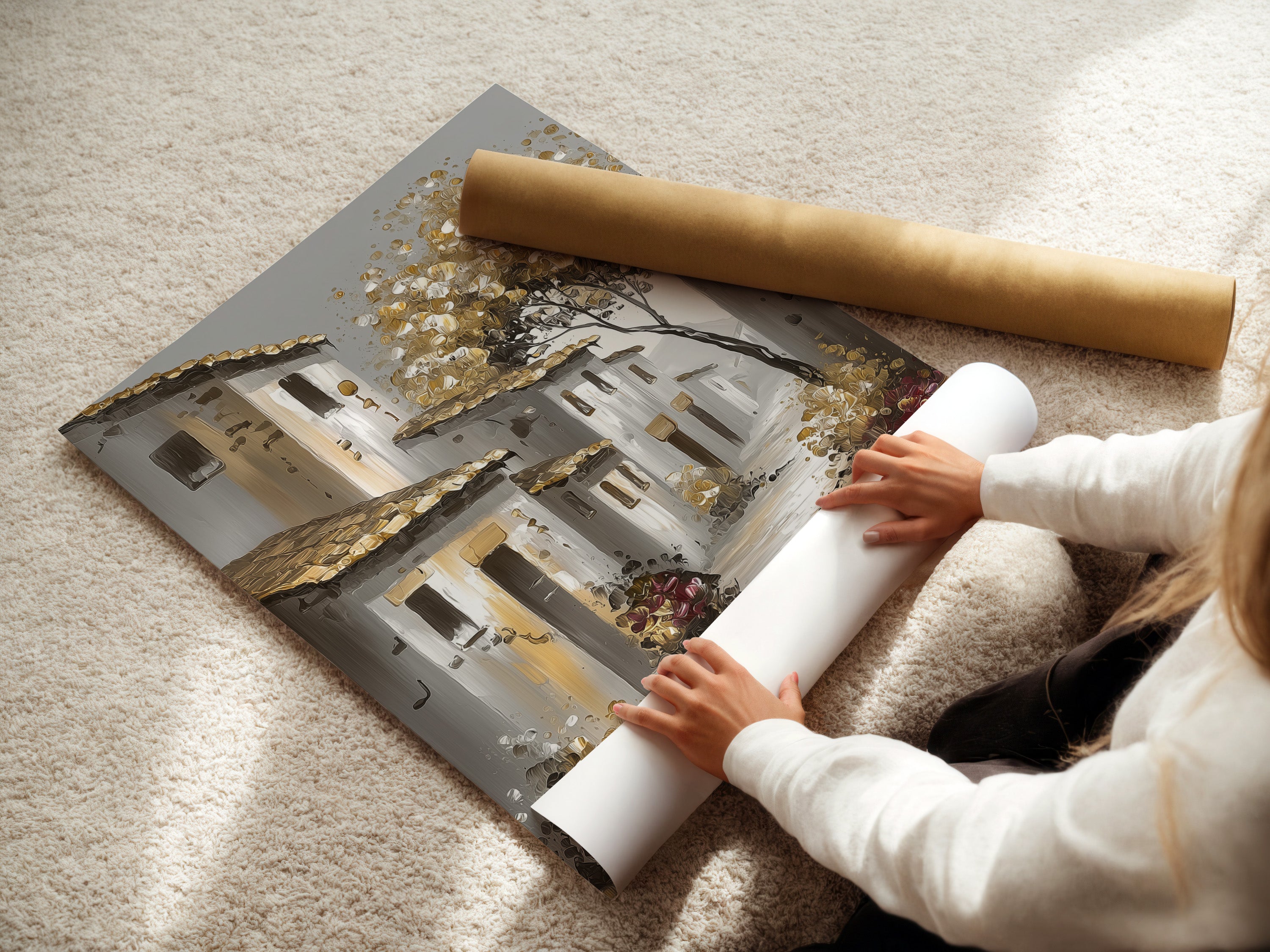 Woman rolling a fine art poster paper. Preparing the artwork for display or storage. Fine art poster paper ensures high-quality prints. This preserves the integrity and detail of the artwork. The poster paper is ideal for art enthusiasts.