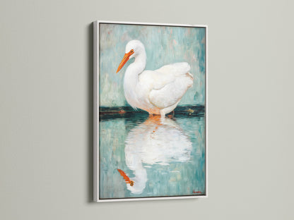 The Egret artwork is displayed in a white frame. This coastal wall art brightens any room. The white bird decor complements teal accents beautifully. The heron print brings a serene touch to your bathroom or living room. A perfect piece for adding avian art to your coastal home decor. Discover this nature artwork today.