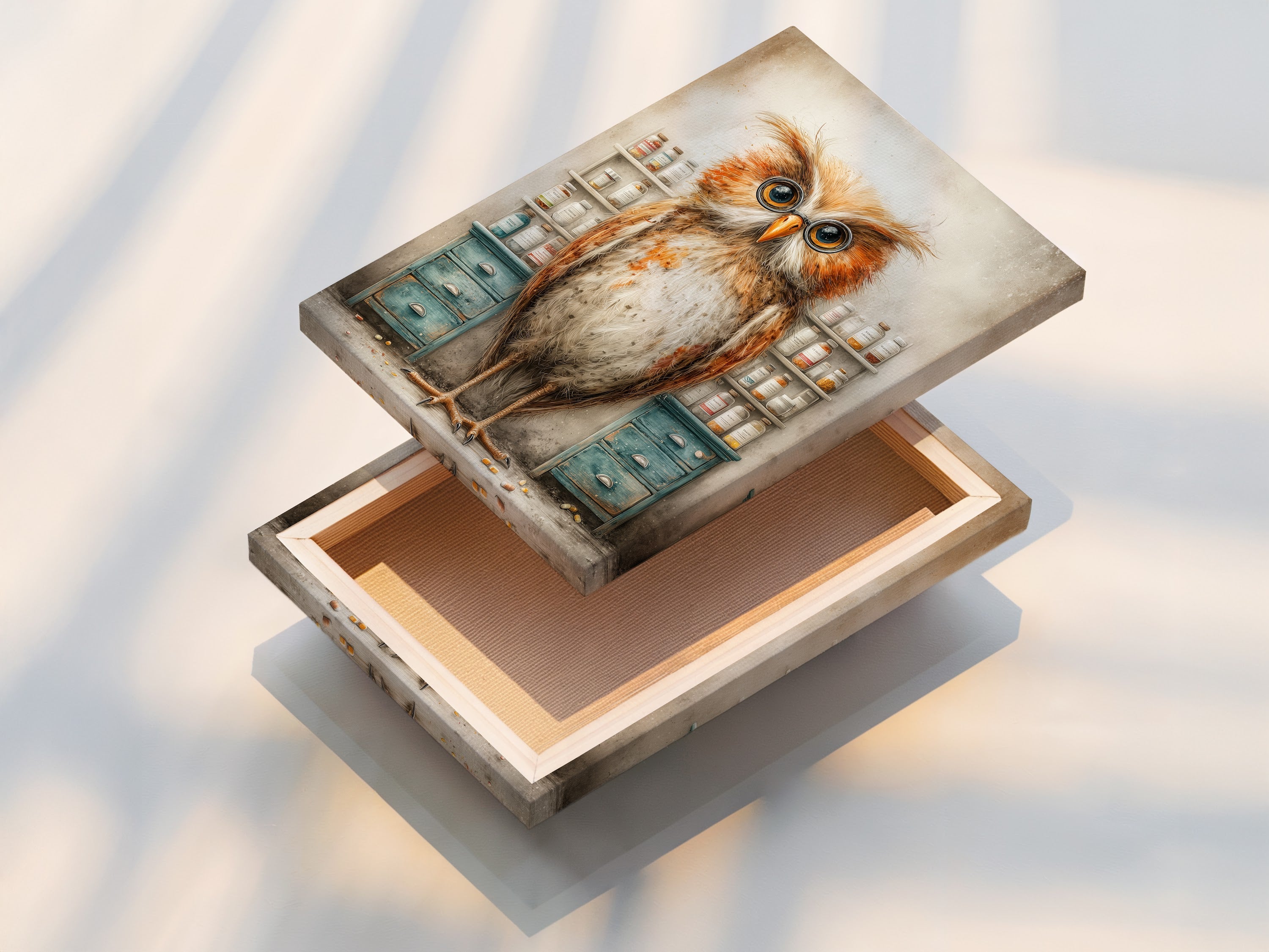 A stretched canvas print of owl apothecary artwork. The rustic style and brown primary color add warmth. This vintage pharmacy art is perfect for office wall art. Enjoy the whimsical owl art in a ready-to-hang format. Professionals and art lovers will appreciate this unique piece. A great choice for study room decor.