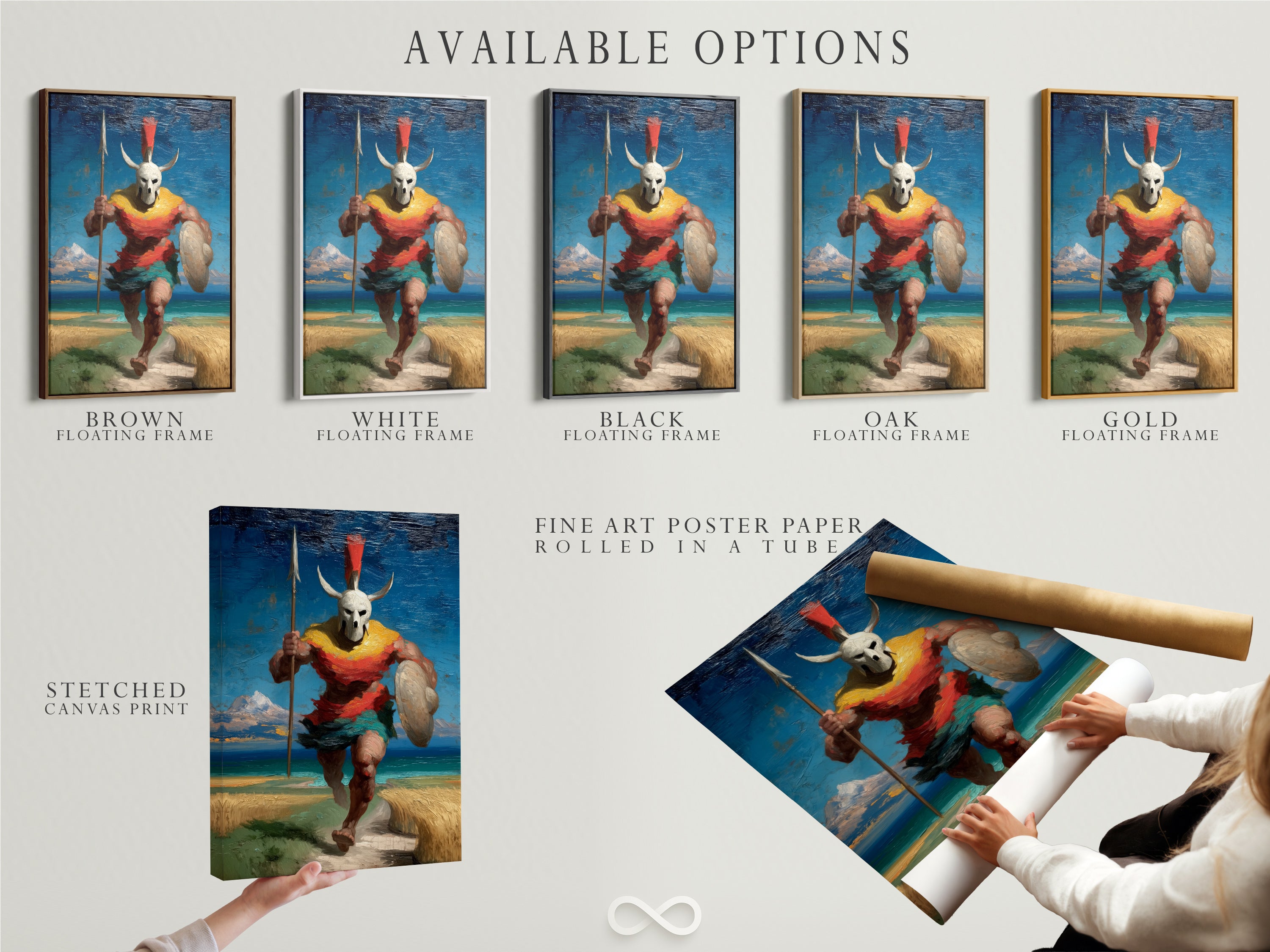 Available options include a stretched canvas print fine art poster paper and floating frame for the tribal warrior art. The fantasy artwork features an ancient soldier. Get yours today.