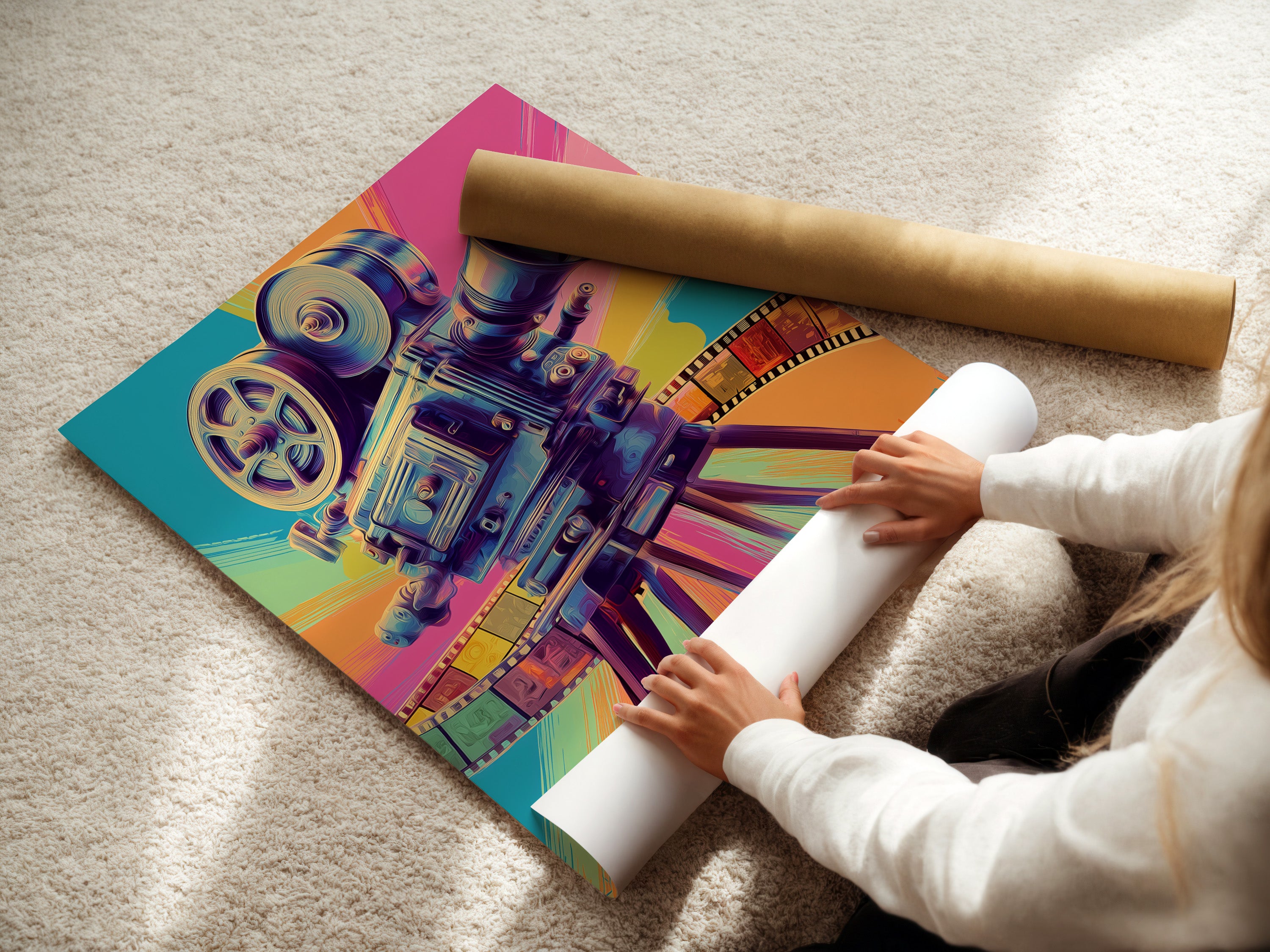 Watch a woman carefully roll fine art poster paper. The paper is high-quality and ready for printing. This ensures your art arrives in perfect condition. Experience the care and precision in every order. Order yours today