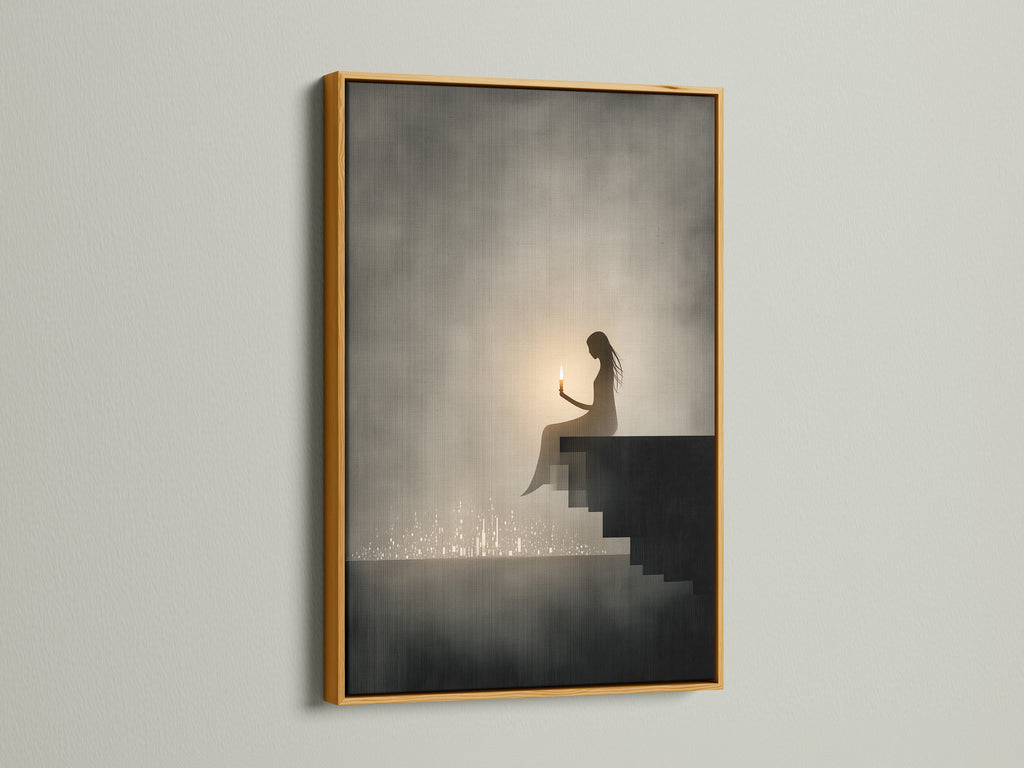 This image features the Silhouette Canvas Print with a gold frame. The woman with candle art brings a spiritual touch. Enhance your space with this serene artwork and calming art piece.