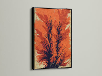 The black frame adds a bold touch to this abstract tree canvas print. The artwork features burnt orange tones creating a modern look. Enhance your study decor with this striking piece. It's an eye-catching addition to any room.
