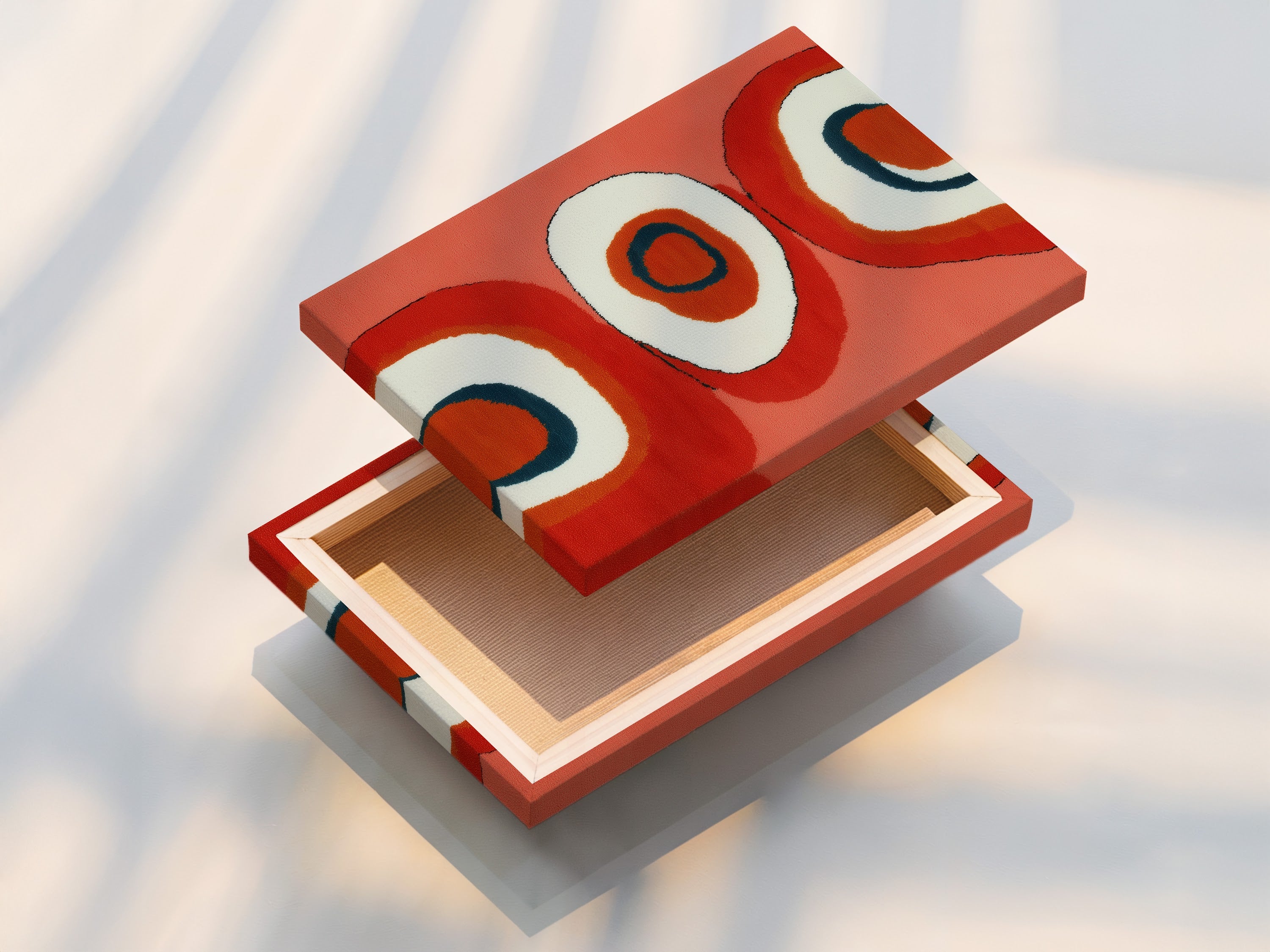 Transform your space with this stunning stretched canvas print. The mid-century abstract artwork features a retro orange geometric design. Perfect for adding a touch of vintage modern style to any room. Ready to hang and enjoy.