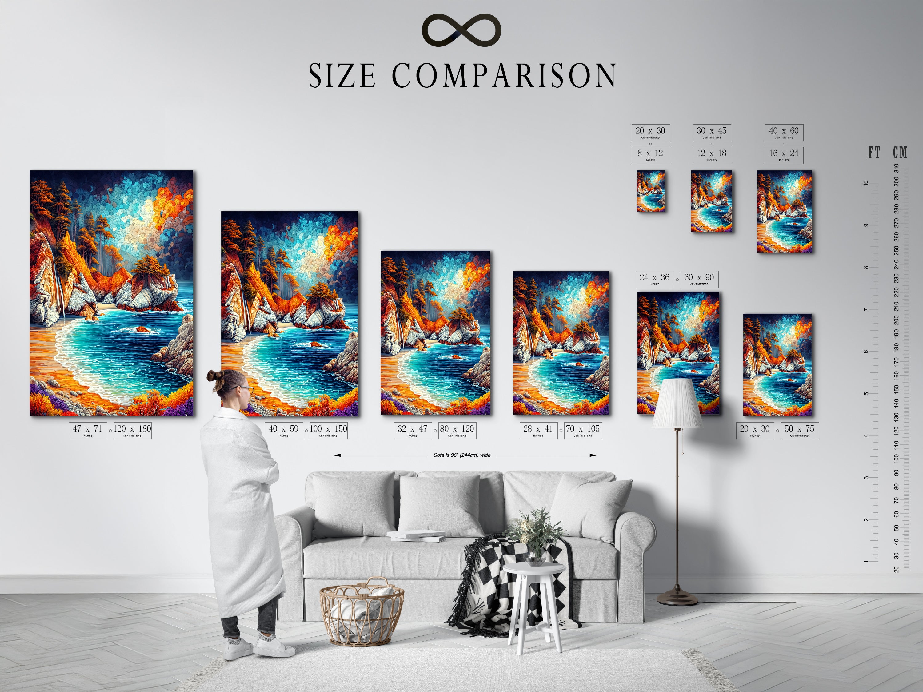 A size comparison chart in an interior setting displays various artwork dimensions. The chart showcases how different sizes of the coastal landscape artwork look in a room.  Perfect for visualizing the ideal fit for your space. Find the perfect size for your artwork.