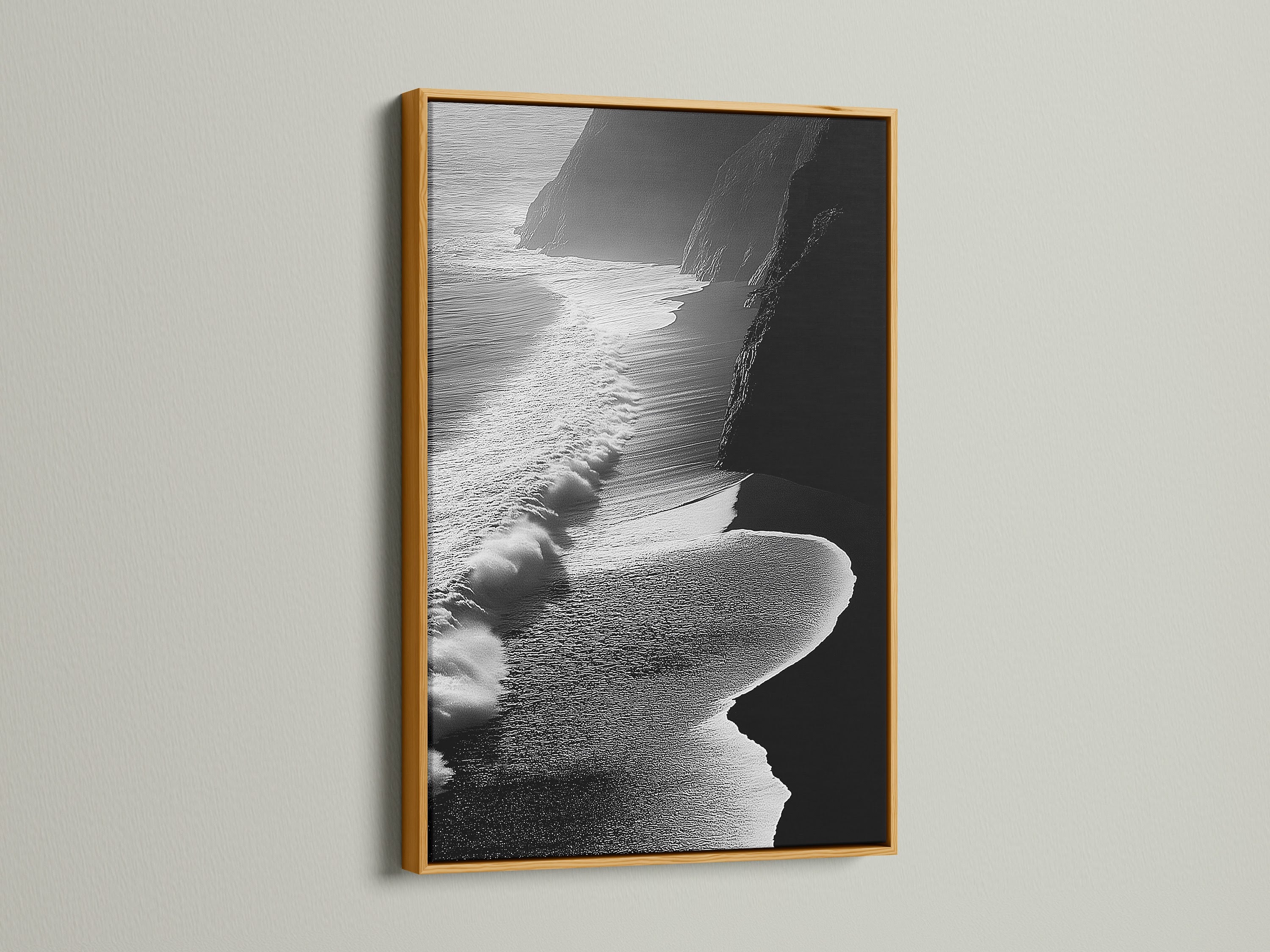 This black and white ocean waves artwork radiates elegance. It features a luxurious gold frame. The aerial beach photography captures the ocean's essence. The gold frame adds a sophisticated touch to any room. Ideal for modern coastal decor and contemporary spaces. This artwork will elevate your living room or bedroom. A stunning piece to enhance your home.