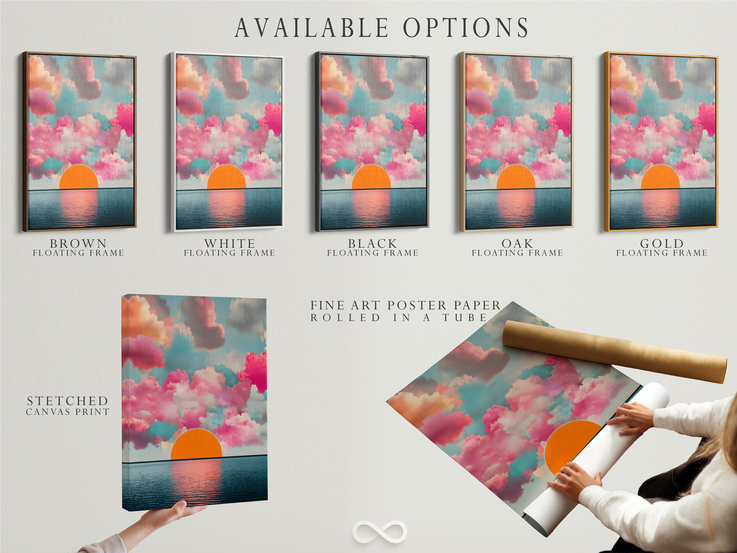 Available options for the Sunset Clouds artwork are displayed. Choose between a stretched canvas print fine art poster paper or a floating frame. Each option offers a unique way to showcase this abstract seascape. Find the perfect style for your home decor.