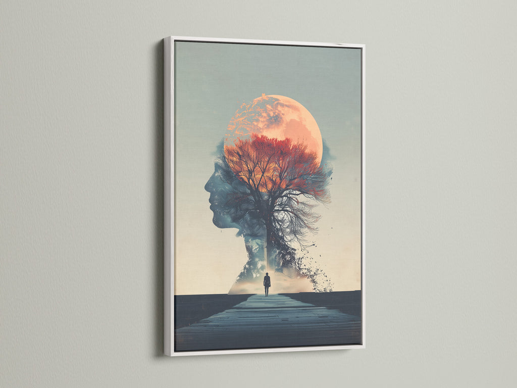 A white frame showcases a surreal double exposure artwork. The artwork blends a woman silhouette with a moon and a tree. Perfect for adding a zen touch to your bedroom. This piece is ideal for meditation spaces and modern surreal art lovers.