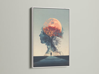 A white frame showcases a surreal double exposure artwork. The artwork blends a woman silhouette with a moon and a tree. Perfect for adding a zen touch to your bedroom. This piece is ideal for meditation spaces and modern surreal art lovers.