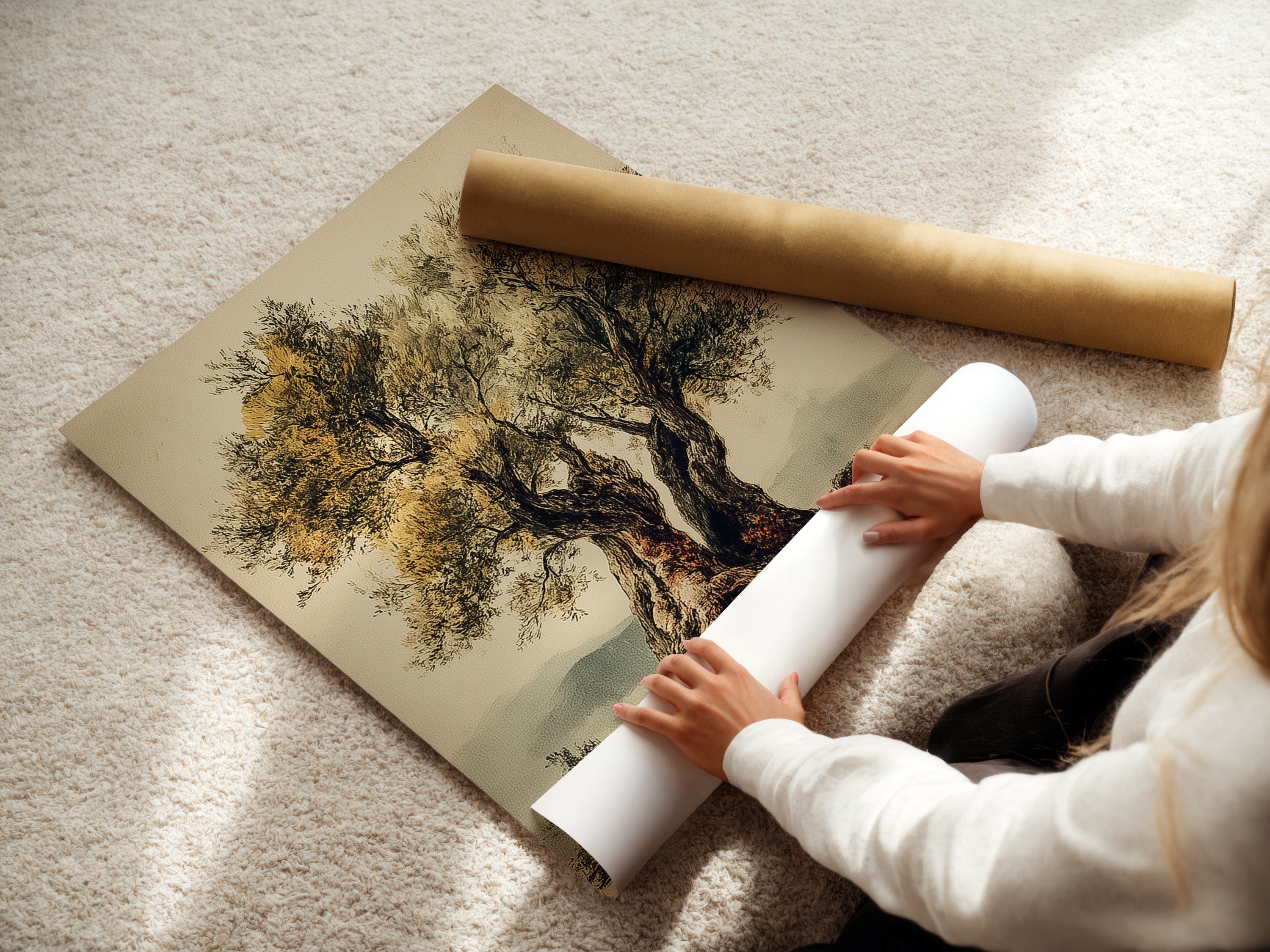 A woman carefully rolls a fine art poster paper. The paper is high quality. The woman handles the paper with care. This poster paper is perfect for art prints.