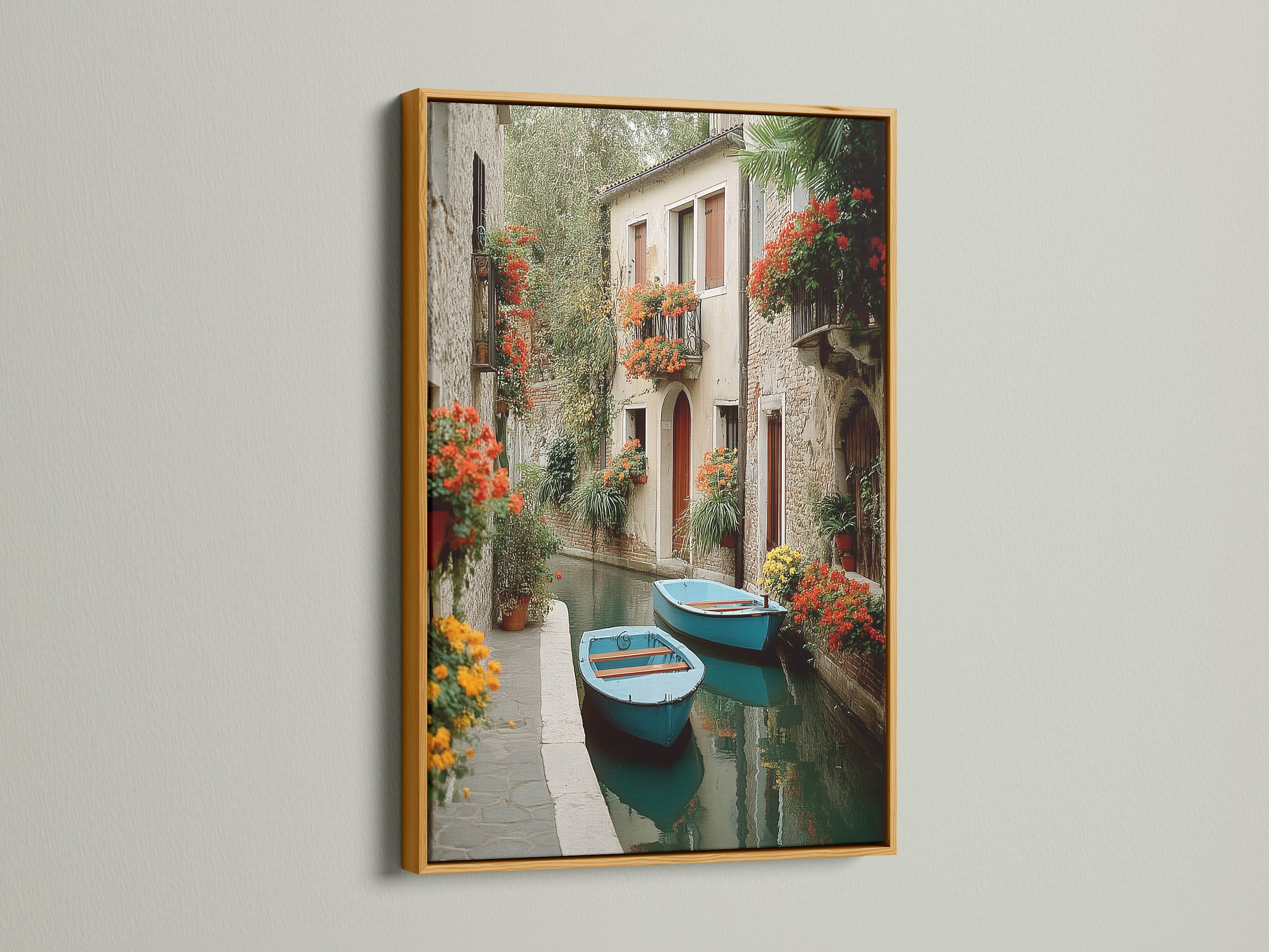 Vintage Venice canal art in a gold frame. This cityscape print offers a touch of elegance. The artwork brings Italian beauty to any space. Ideal for those who love European travel and waterway art.